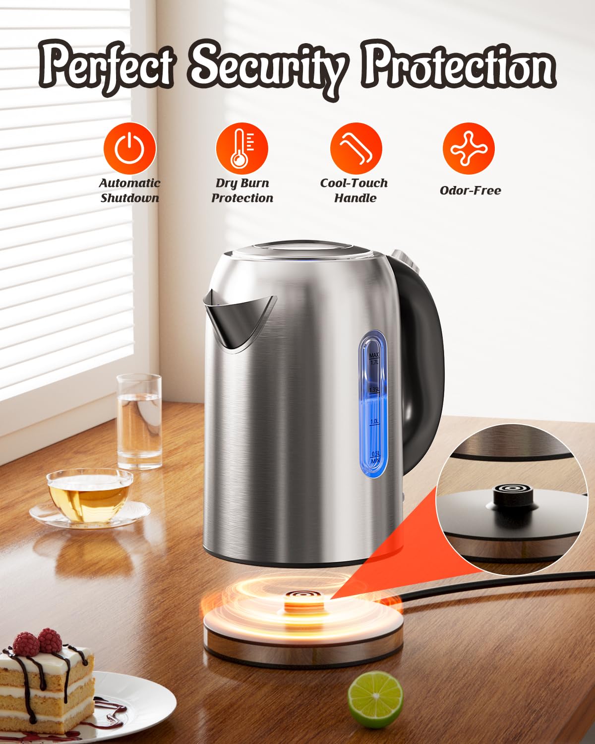 Billord 2200W Stainless Steel Electric Kettle, Black Finish, Rapid Boil DEMO