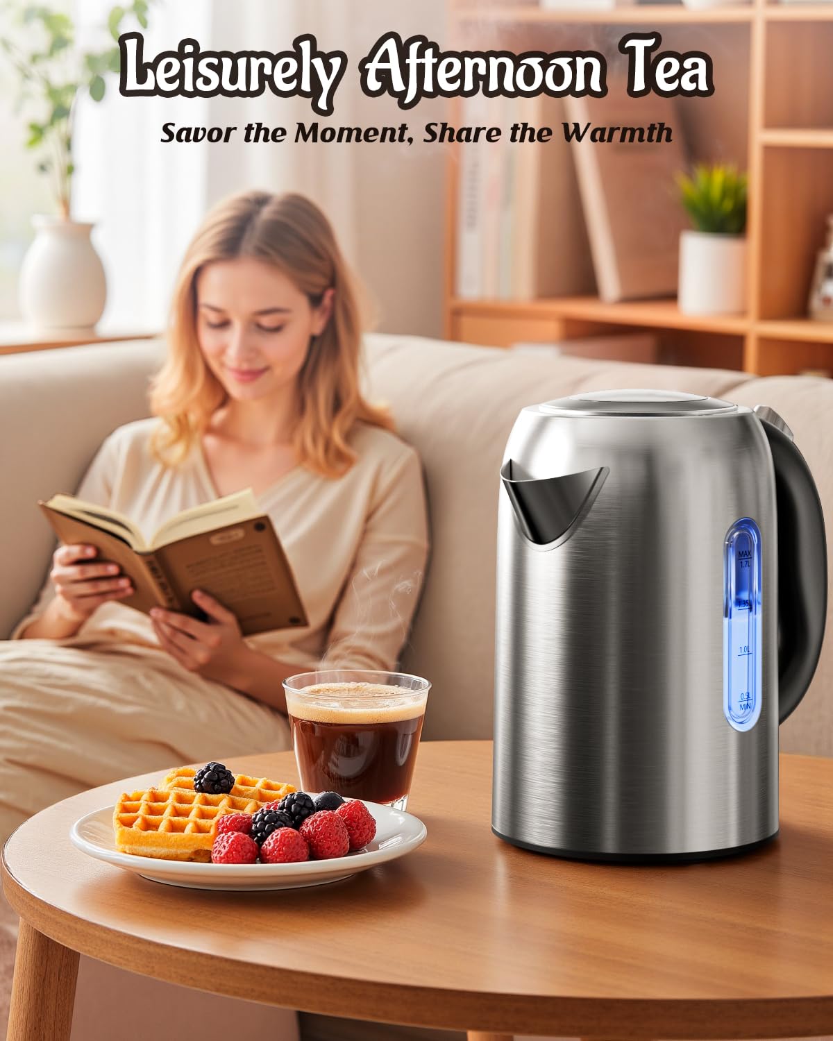 Billord 2200W Stainless Steel Electric Kettle, Black Finish, Rapid Boil DEMO