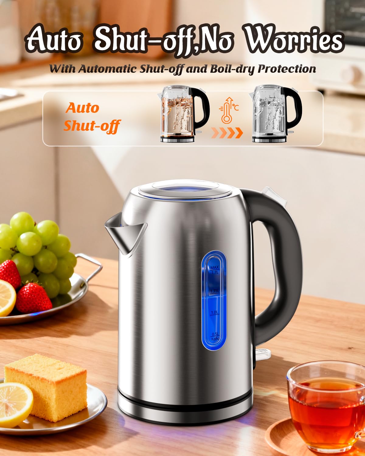 Billord 2200W Stainless Steel Electric Kettle, Black Finish, Rapid Boil DEMO
