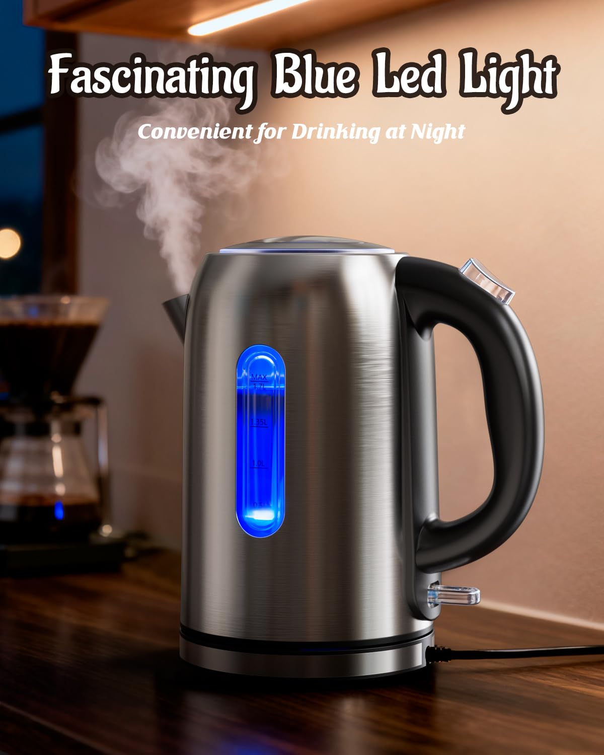 Billord 2200W Stainless Steel Electric Kettle, Black Finish, Rapid Boil DEMO