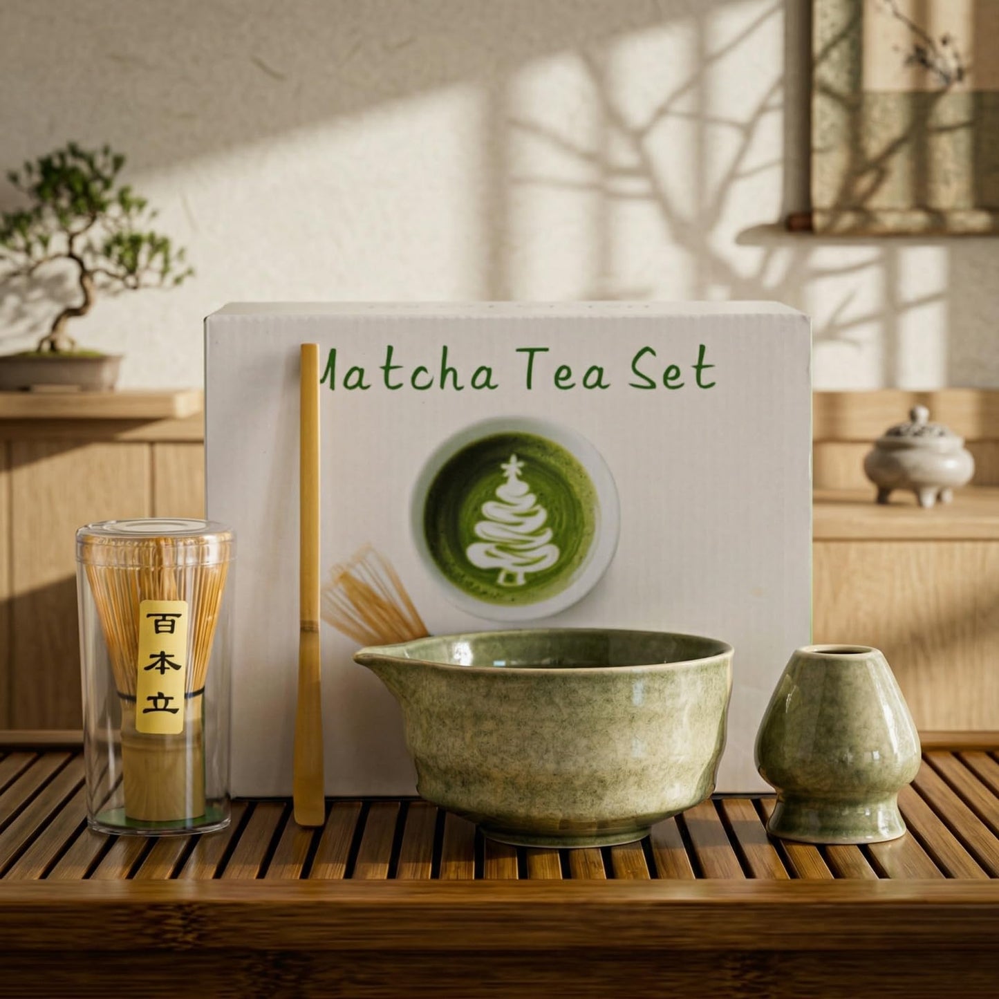 Anvgok Bamboo Matcha Whisk Set with Bowl, Green, Medium Size, Eco-Friendly NEW