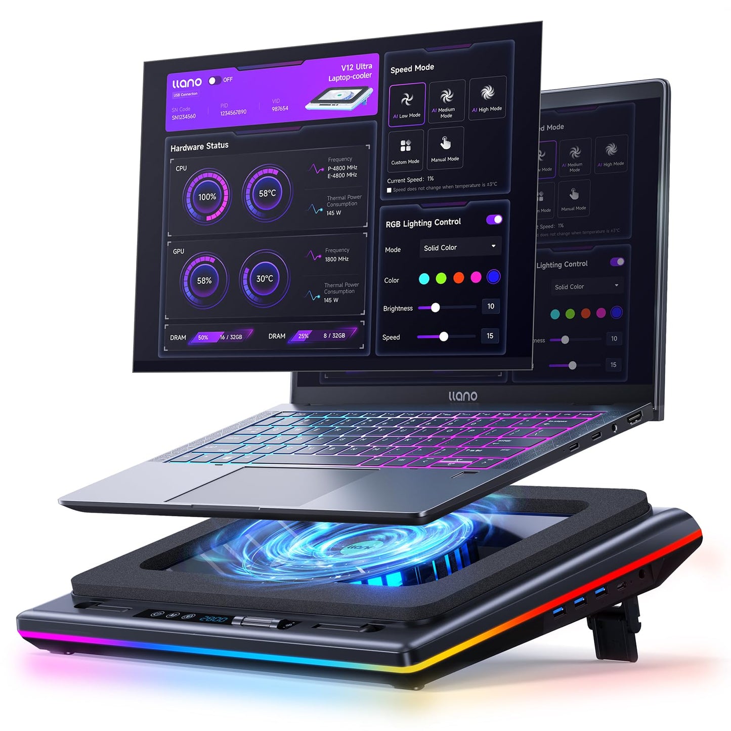 llano Laptop Cooling Pad with Smart Software Control RGB Gaming Accessories NEW