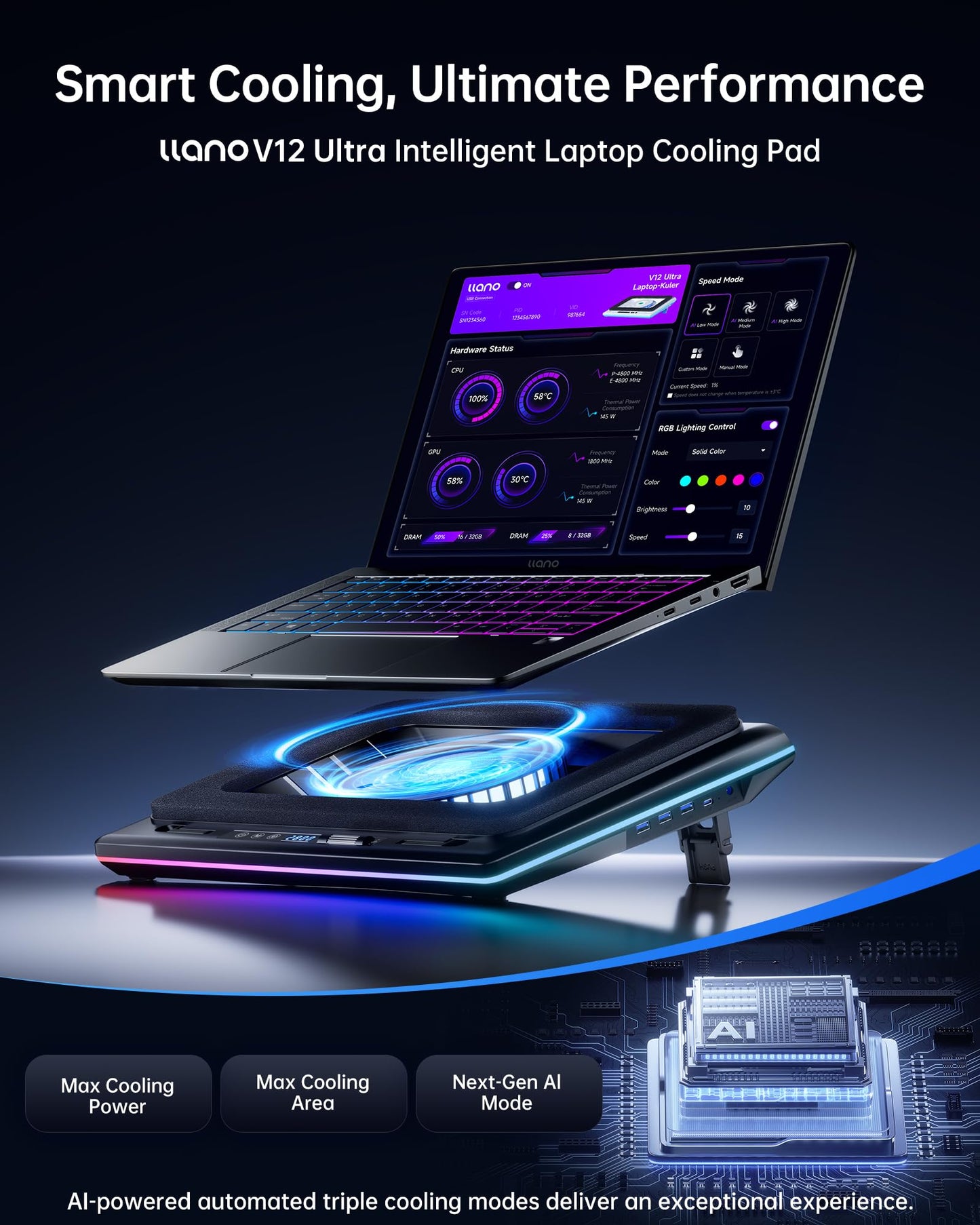 llano Laptop Cooling Pad with Smart Software Control RGB Gaming Accessories NEW