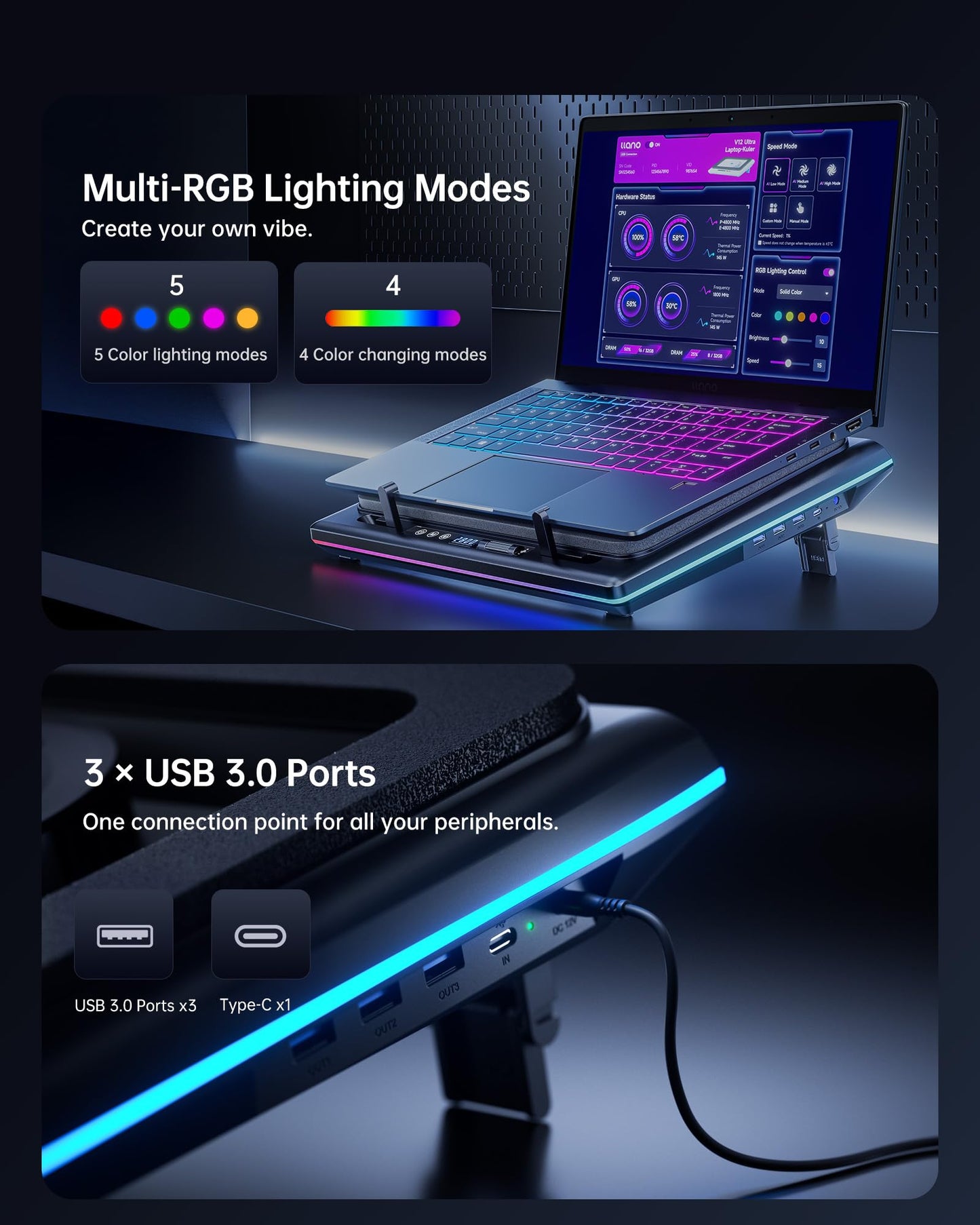 llano Laptop Cooling Pad with Smart Software Control RGB Gaming Accessories NEW