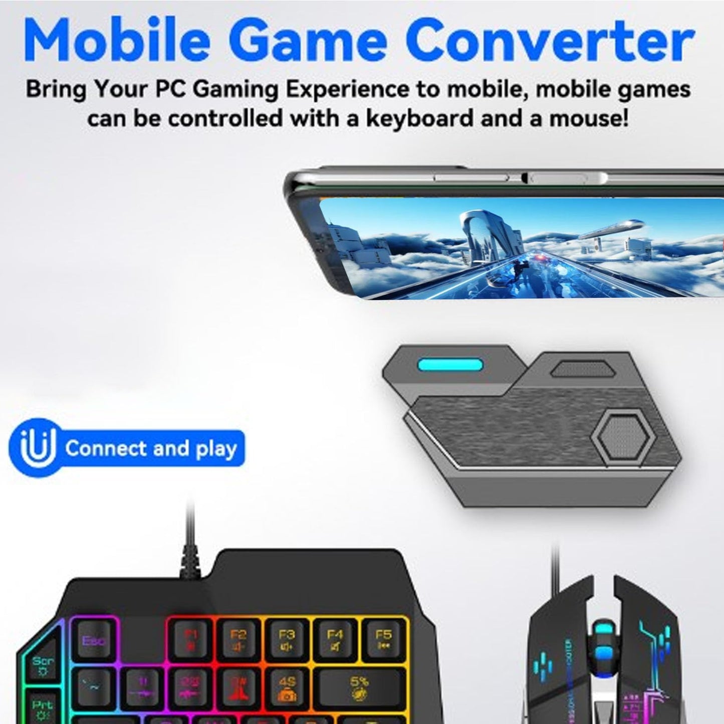 VELATEMOR 4-in-1 Mobile Gaming Keyboard Mouse Converter with Power Adapter NEW