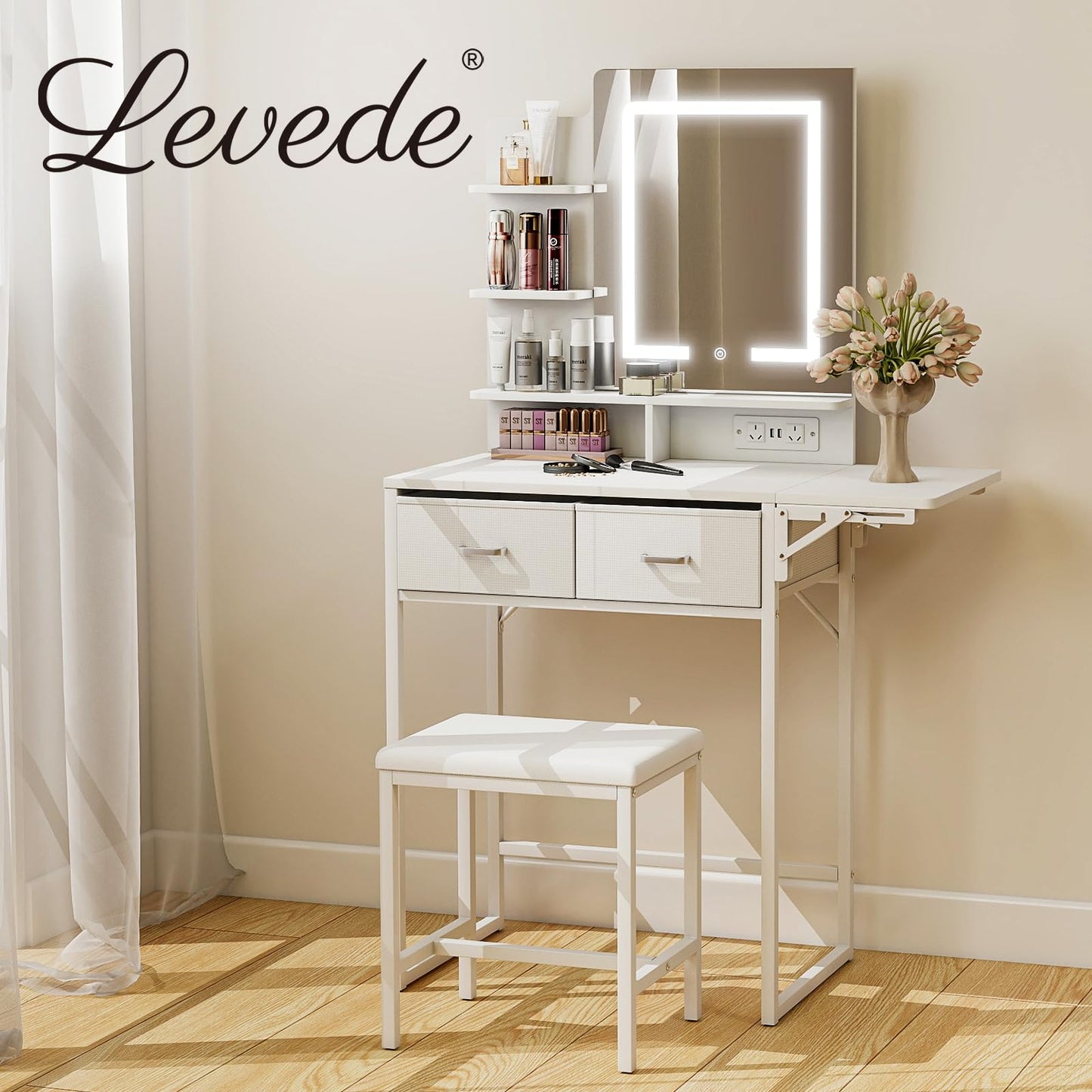 Levede Vanity Desk with Mirror and LED Lights Compact Dressing Table White NEW