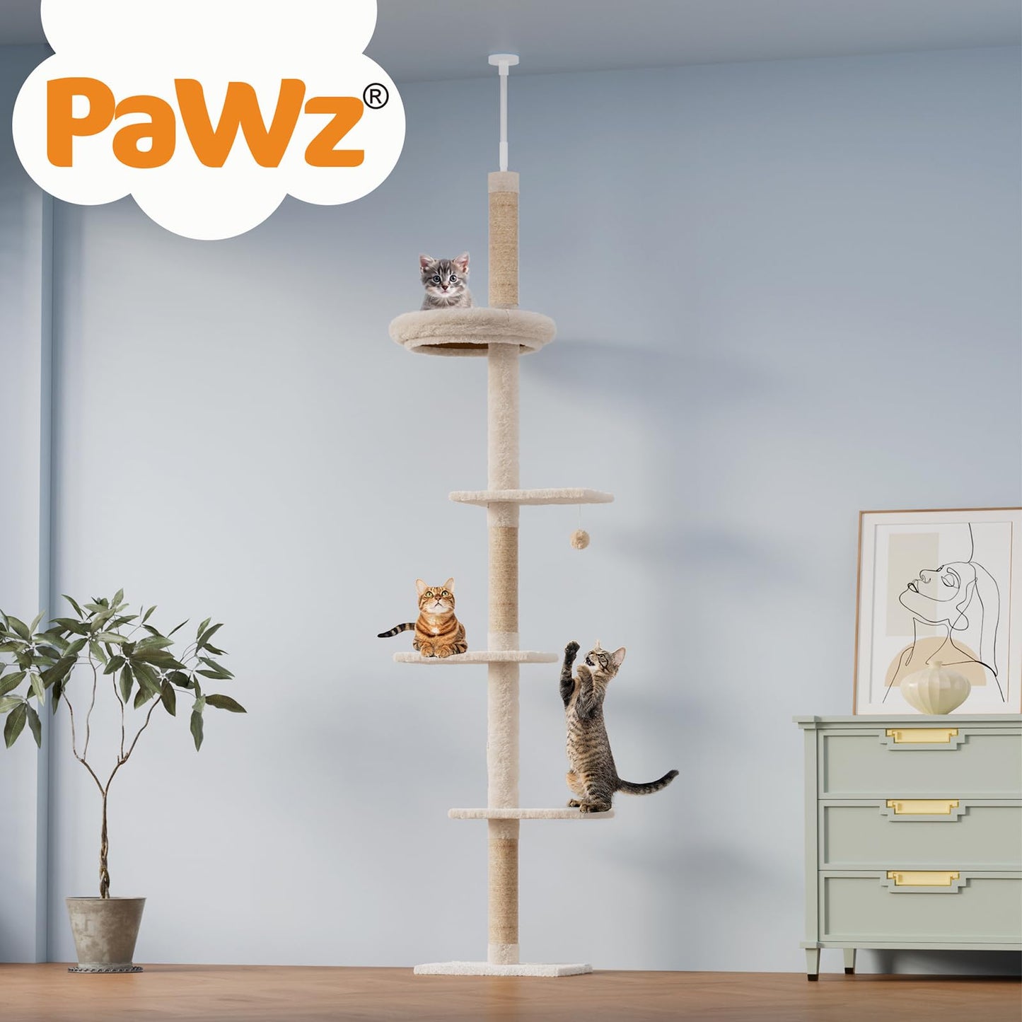 PAWZ 5 Tier Floor-to-Ceiling Cat Climbing Tower Adjustable Height Beige NEW