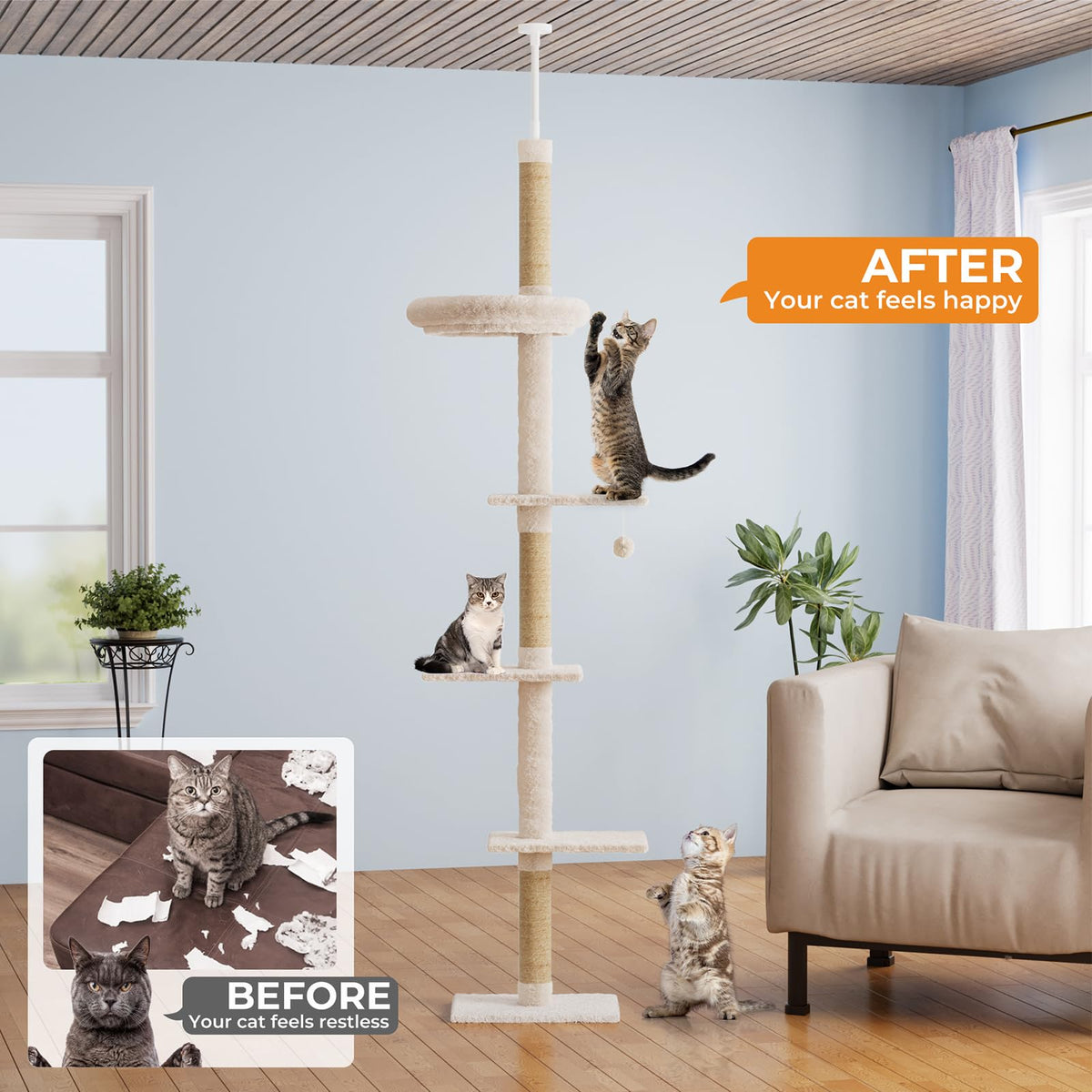 PAWZ 5 Tier Floor-to-Ceiling Cat Climbing Tower Adjustable Height Beige NEW