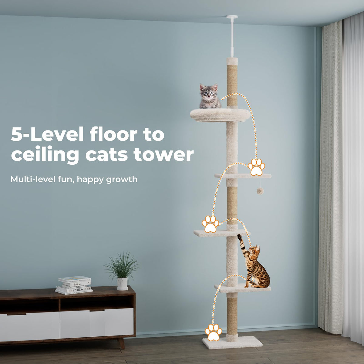 PAWZ 5 Tier Floor-to-Ceiling Cat Climbing Tower Adjustable Height Beige NEW