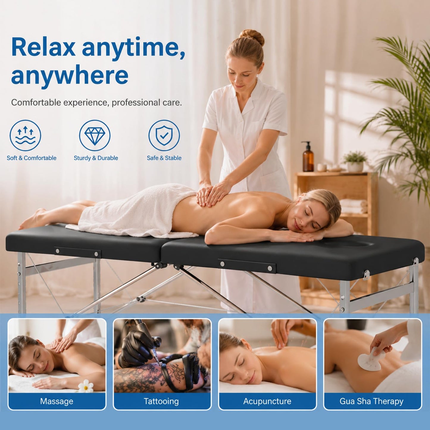 PORIYA Portable 2-Fold Beauty Bed with Adjustable Backrest and Legrest DEMO