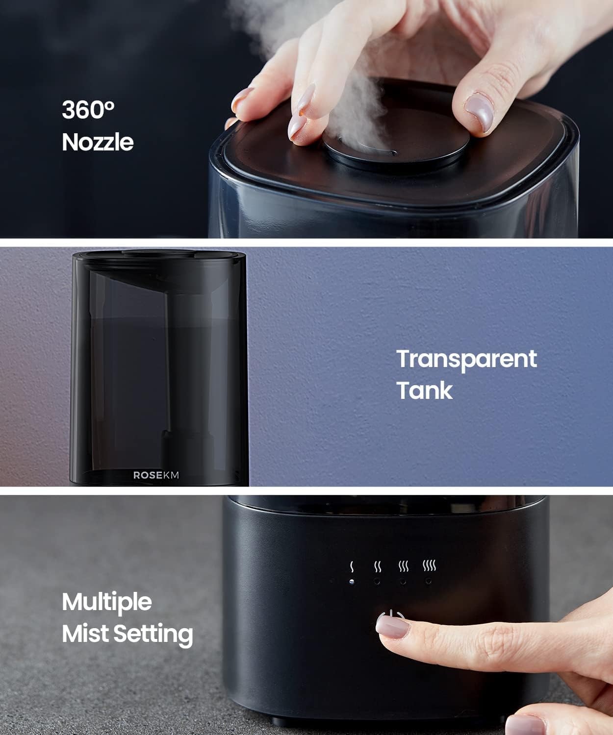 Rosekm Black Cool Mist Single Room Humidifier for Home, Plants & Baby DEMO