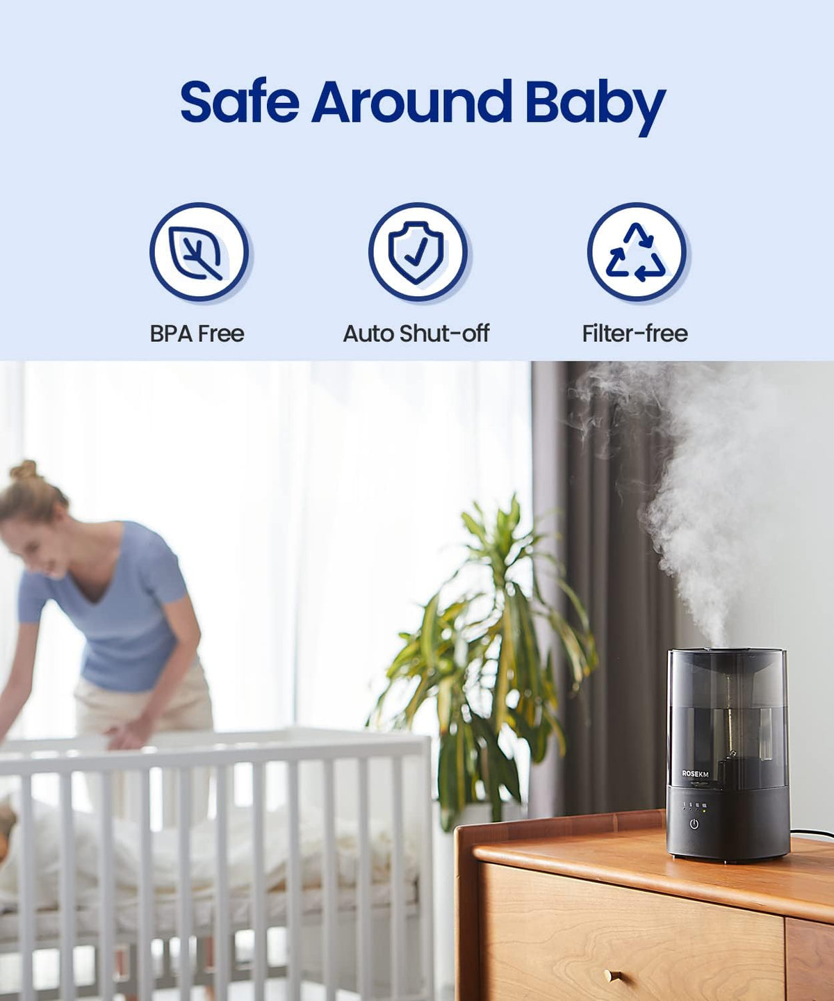 Rosekm Black Cool Mist Single Room Humidifier for Home, Plants & Baby DEMO