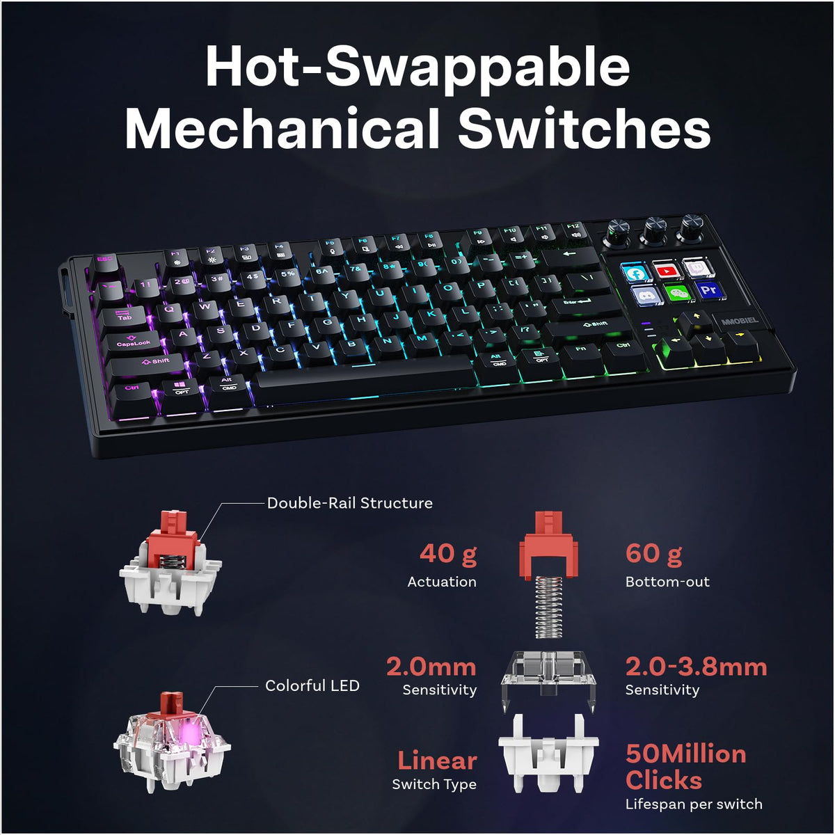 MMOBIEL Mechanical Gaming Keyboard QWERTY Hot-Swappable RGB Backlit Black NEW