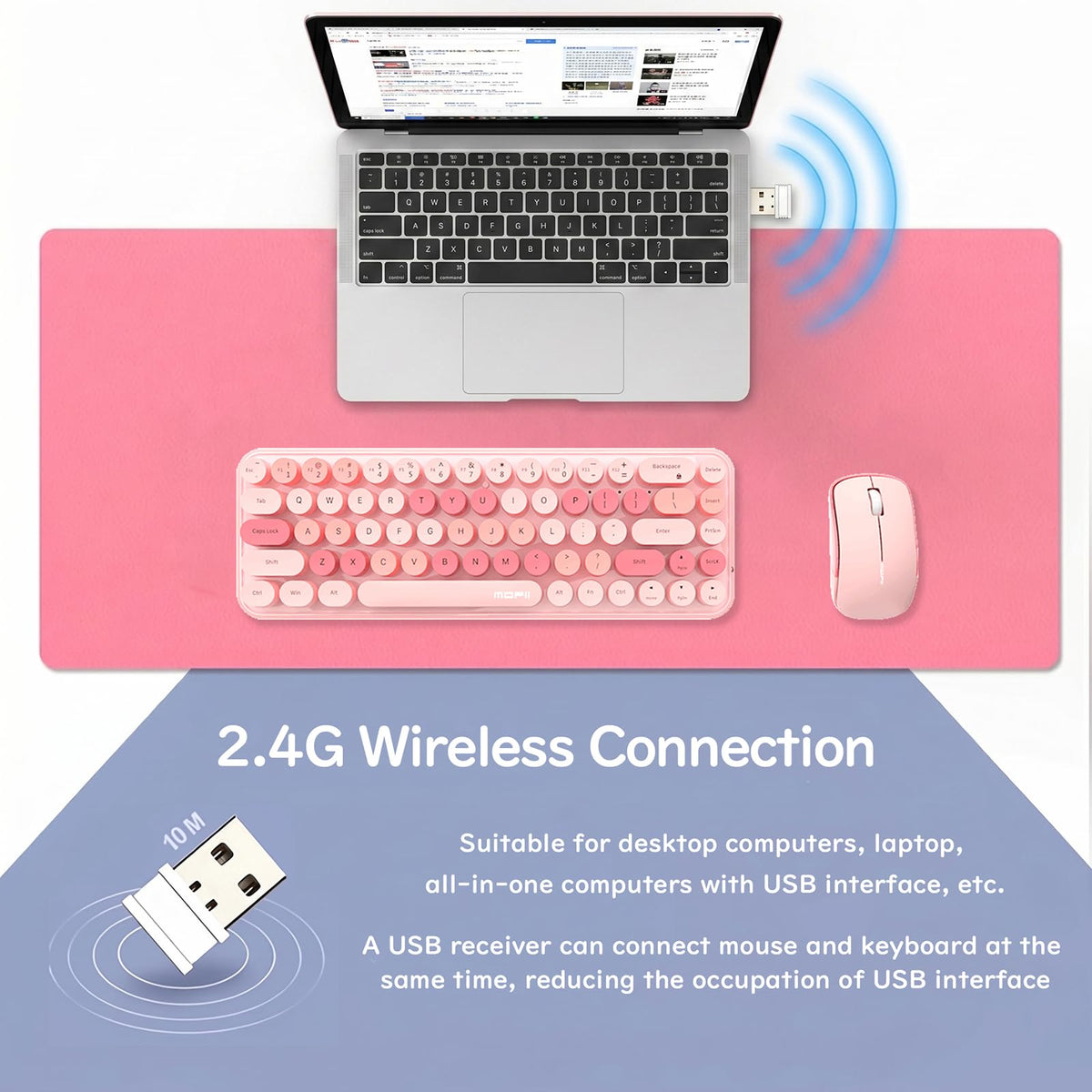 Lomiluskr Wireless Keyboard and Mouse Combo Soundless 68 Round Keys Pink NEW