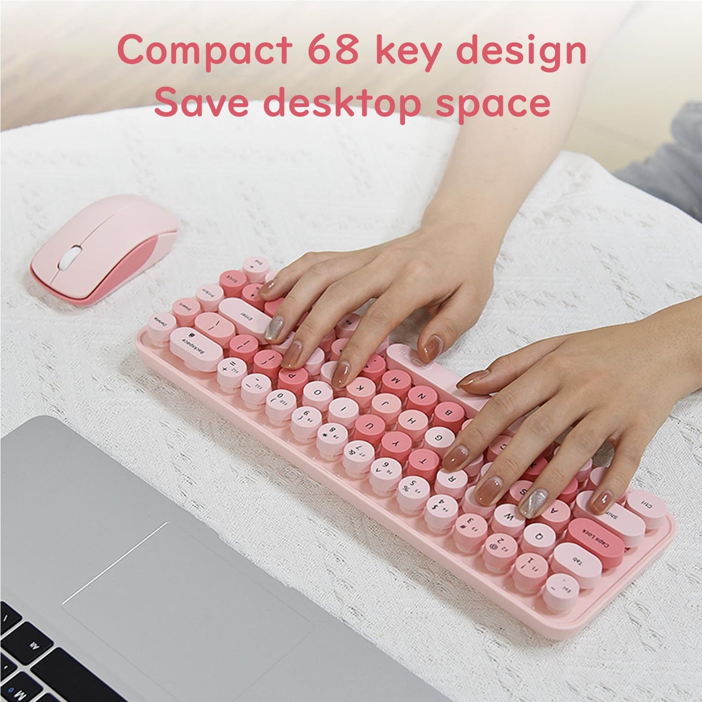 Lomiluskr Wireless Keyboard and Mouse Combo Soundless 68 Round Keys Pink NEW