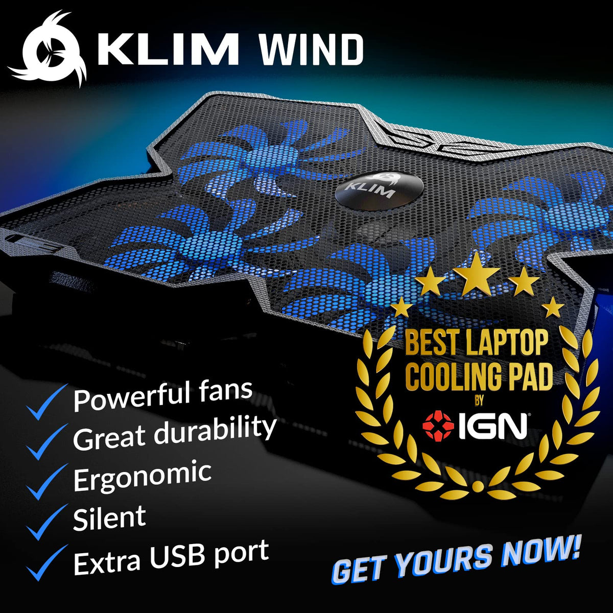 KLIM Powerful Laptop Cooling Pad - Portable Blue Computer Accessory NEW