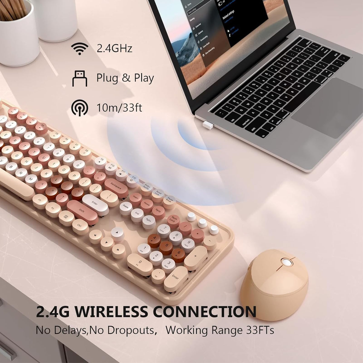Youker Wireless Keyboard and Mouse Combo 2.4GHz USB Retro Khaki Ergonomic DEMO