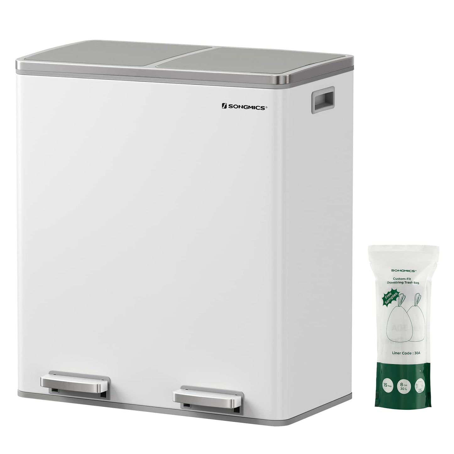 SONGMICS 60L Double Compartment Kitchen Trash Can with Metal Pedal, White DEMO