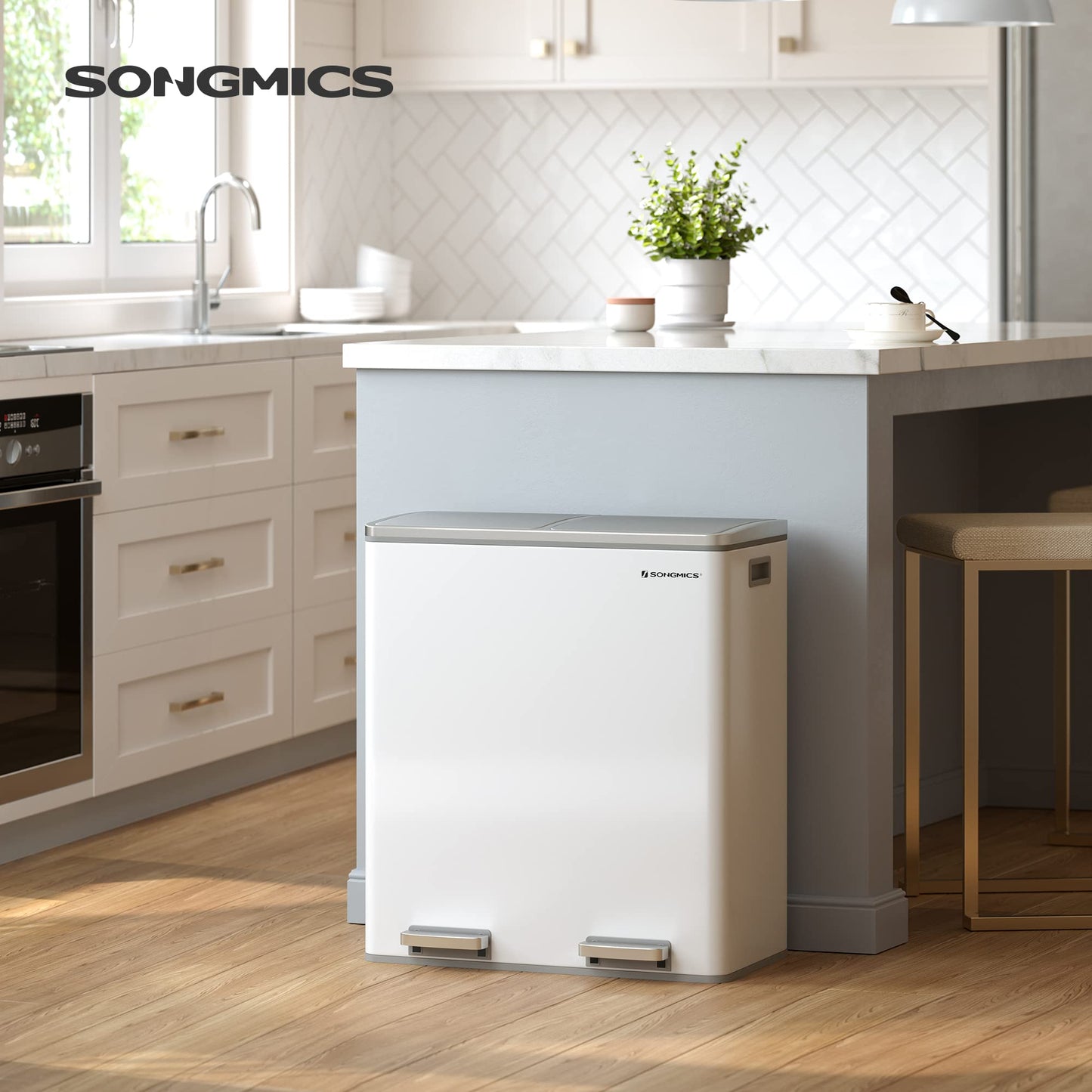 SONGMICS 60L Double Compartment Kitchen Trash Can with Metal Pedal, White DEMO