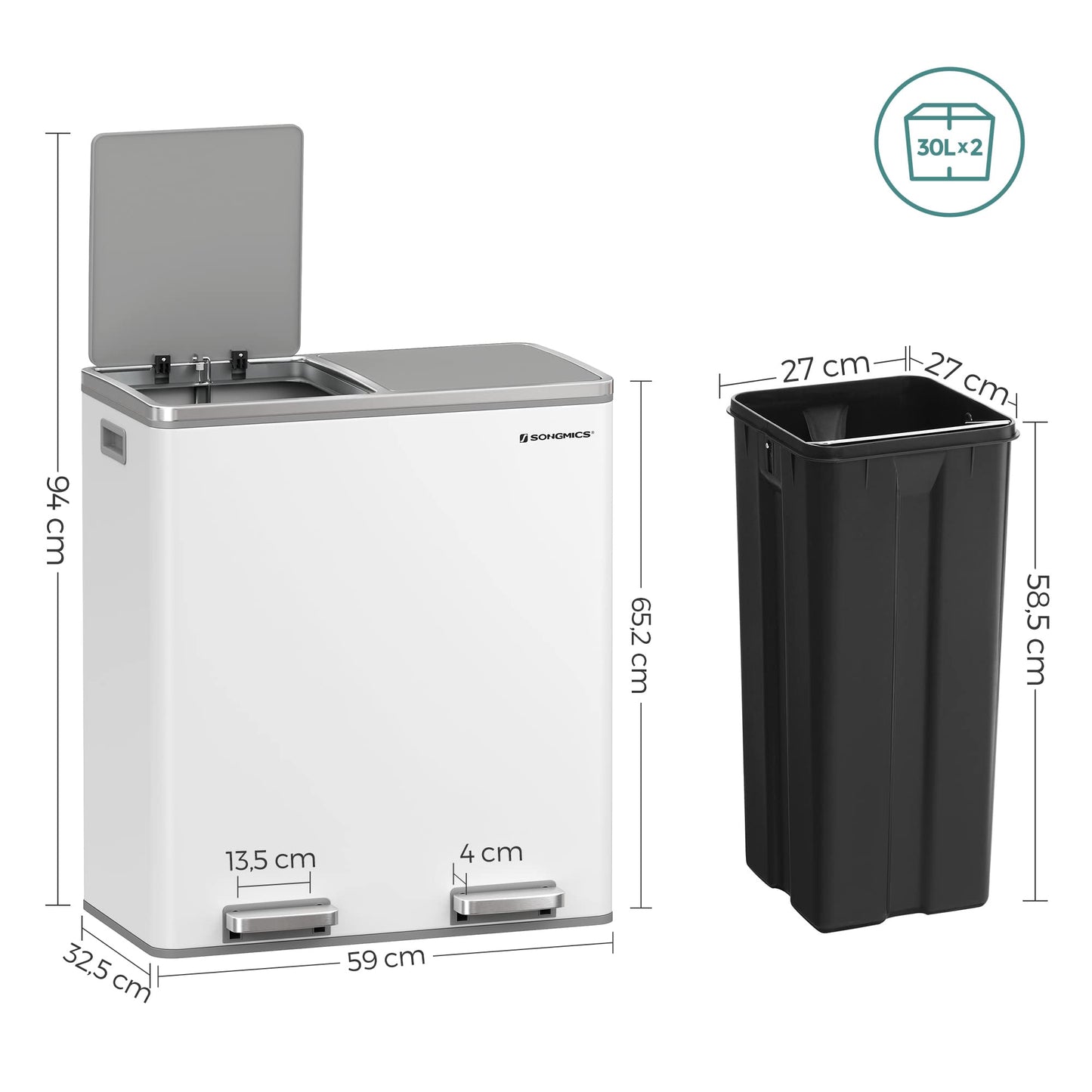 SONGMICS 60L Double Compartment Kitchen Trash Can with Metal Pedal, White DEMO