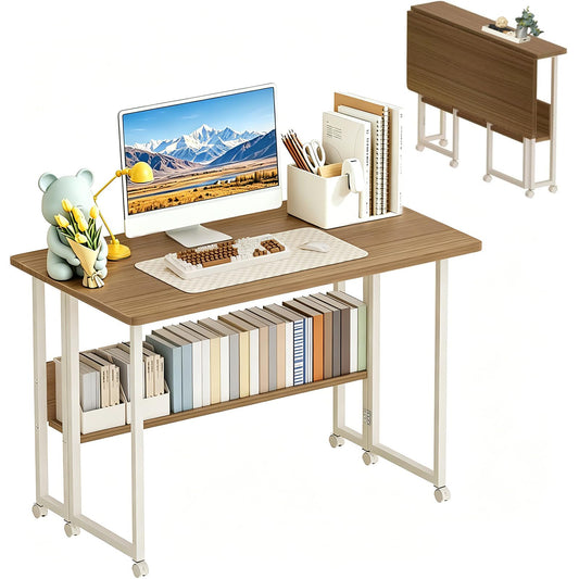 HOMKAI Foldable Desks White Computer Desk, 80cm Laptop Study Table with DEMO