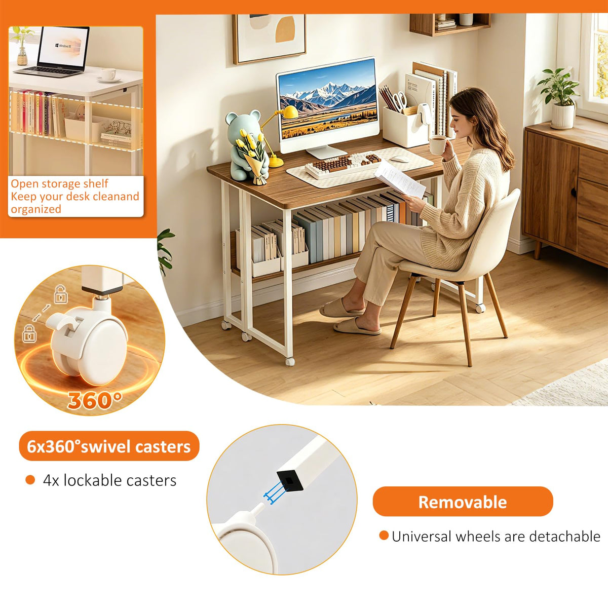 HOMKAI Foldable Desks White Computer Desk, 80cm Laptop Study Table with DEMO