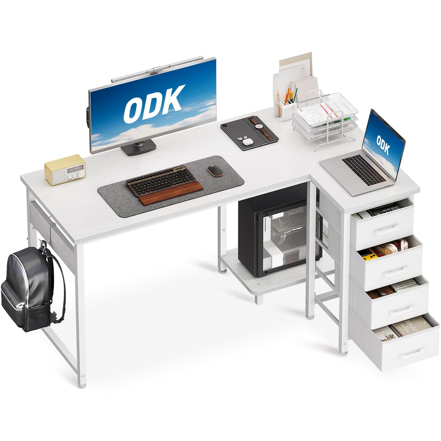 ODK L-Shaped Desks Computer Desk with 4 Drawers Reversible Corner DEMO