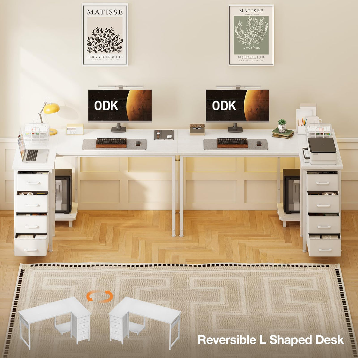 ODK L-Shaped Desks Computer Desk with 4 Drawers Reversible Corner DEMO
