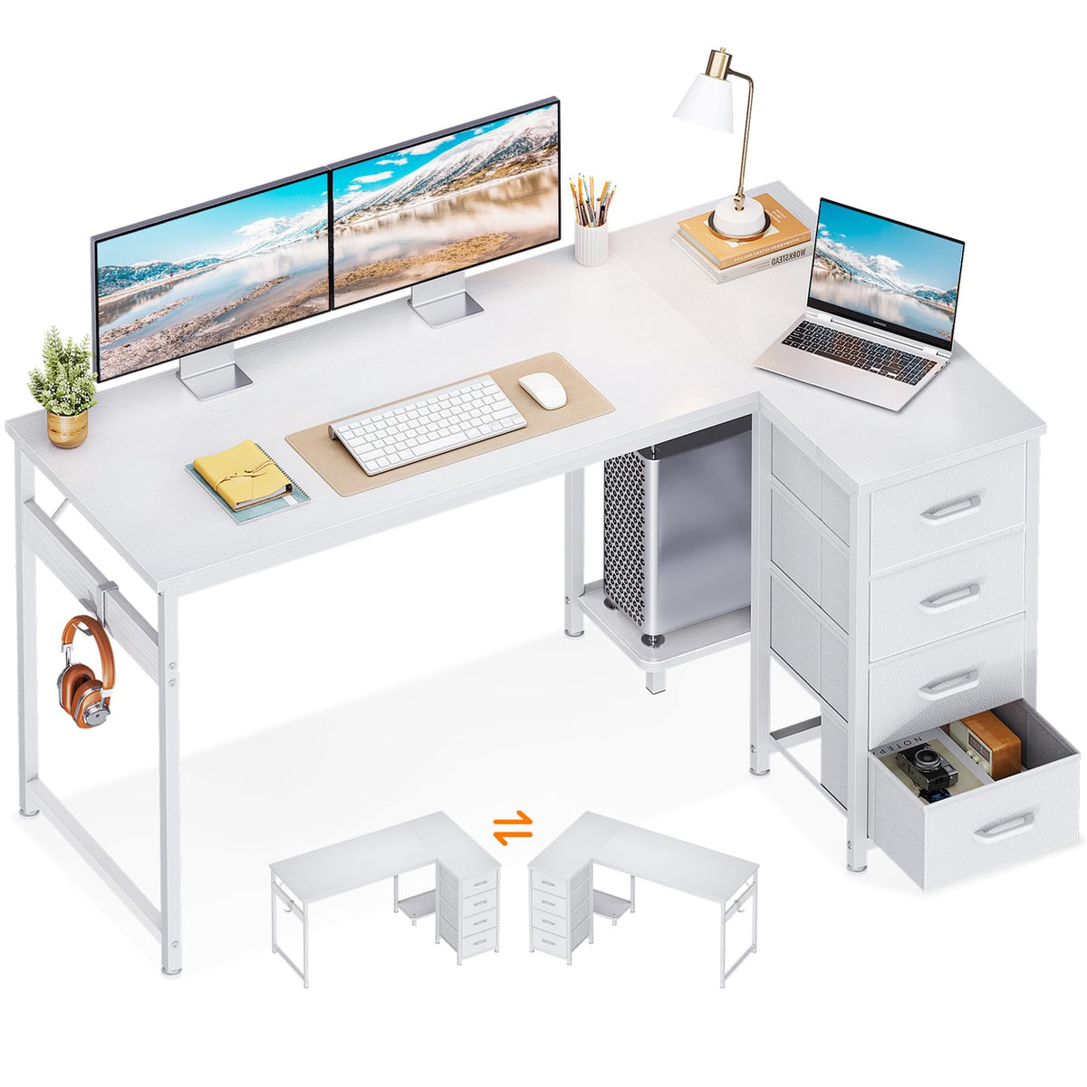 ODK L-Shaped Desks Computer Desk with 4 Drawers Reversible Corner DEMO