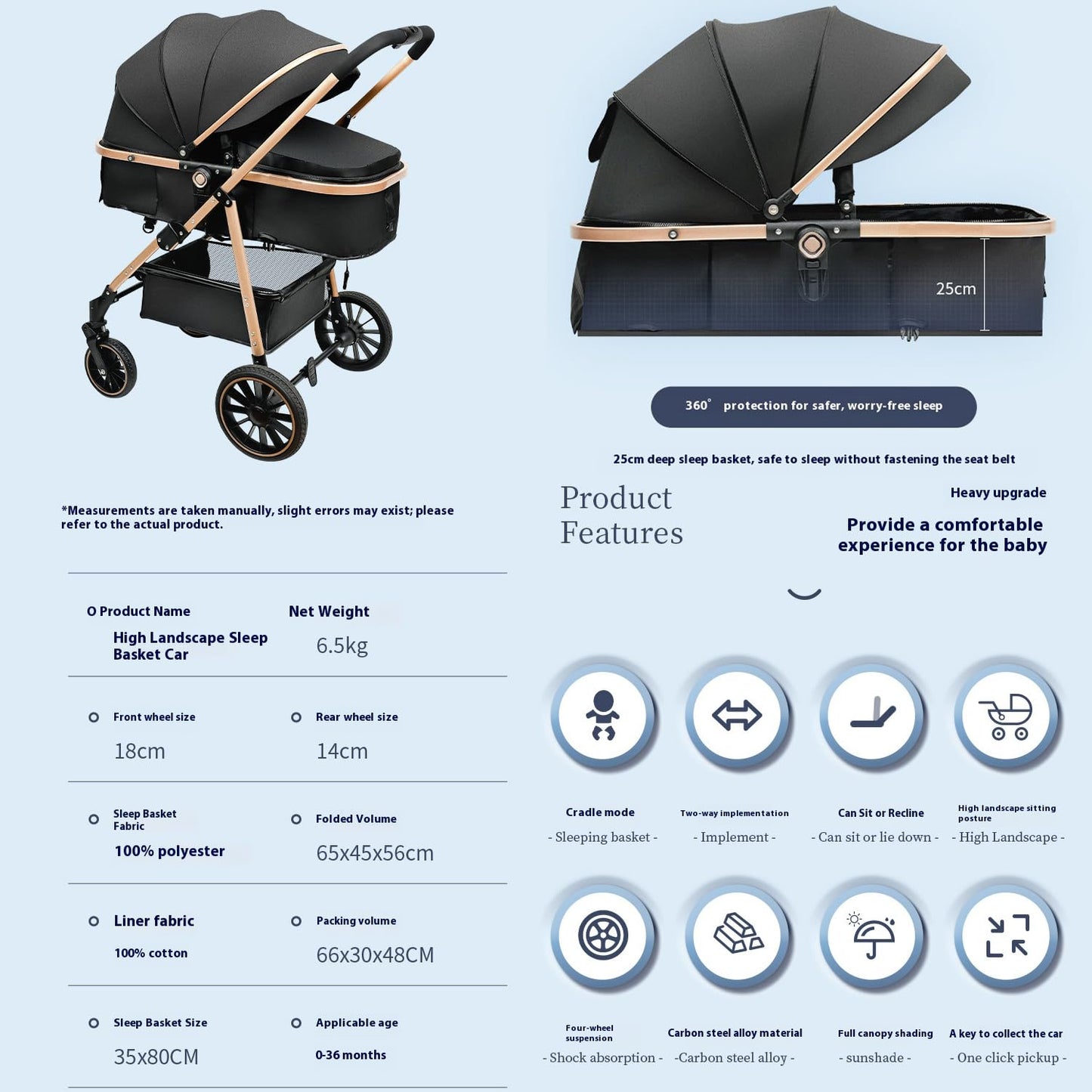 XCJump Lightweight 3-in-1 Travel Pram Stroller with One-Hand Fold, Black DEMO