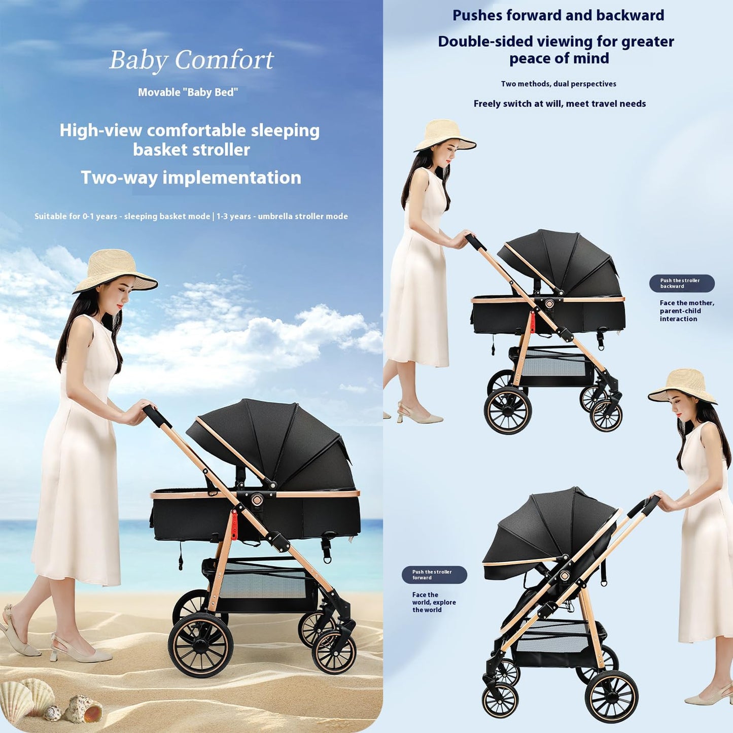 XCJump Lightweight 3-in-1 Travel Pram Stroller with One-Hand Fold, Black DEMO