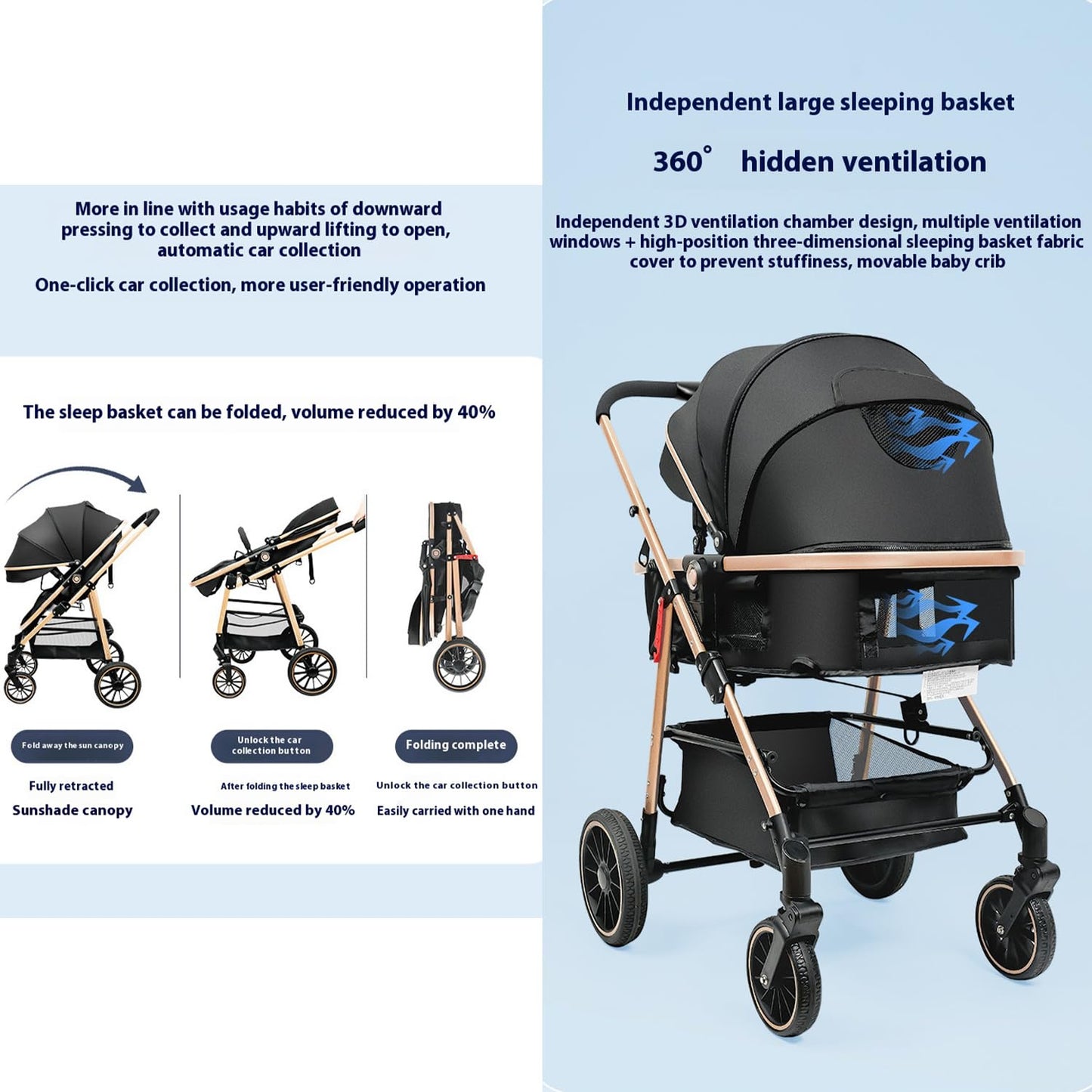 XCJump Lightweight 3-in-1 Travel Pram Stroller with One-Hand Fold, Black DEMO
