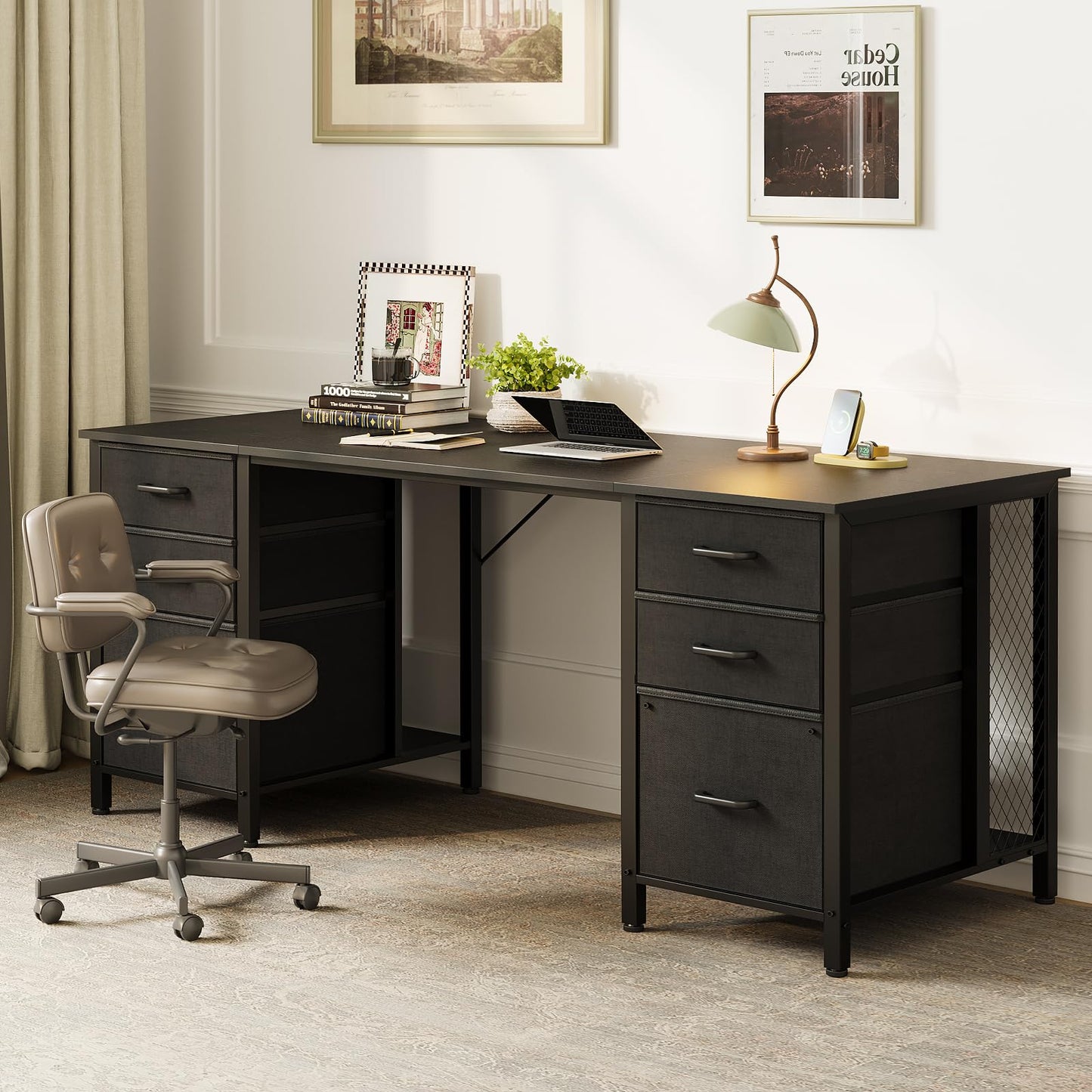 ODK 160cm Desks Home Office Desk with 2 File Cabinets & 4 Fabric Drawers DEMO