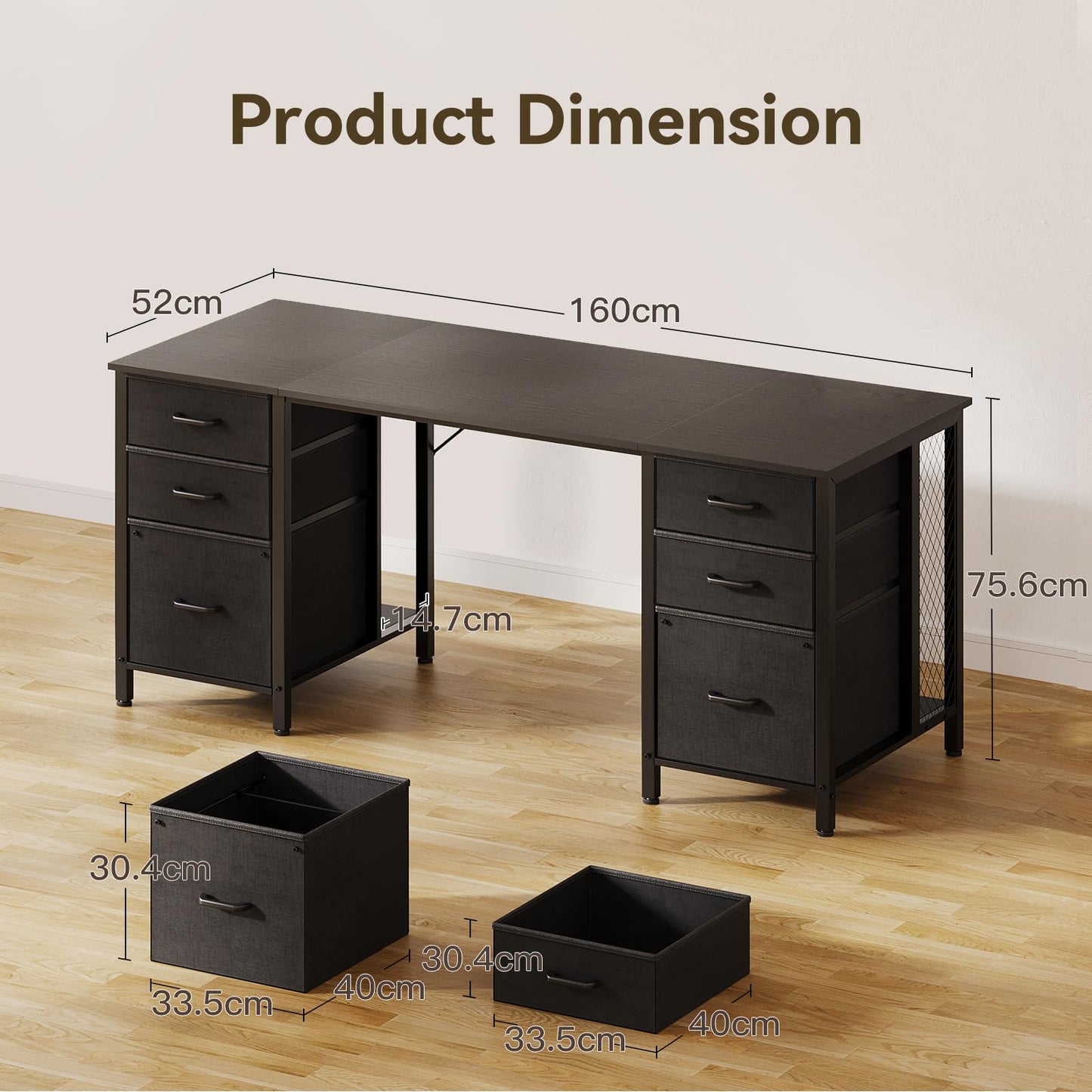 ODK 160cm Desks Home Office Desk with 2 File Cabinets & 4 Fabric Drawers DEMO
