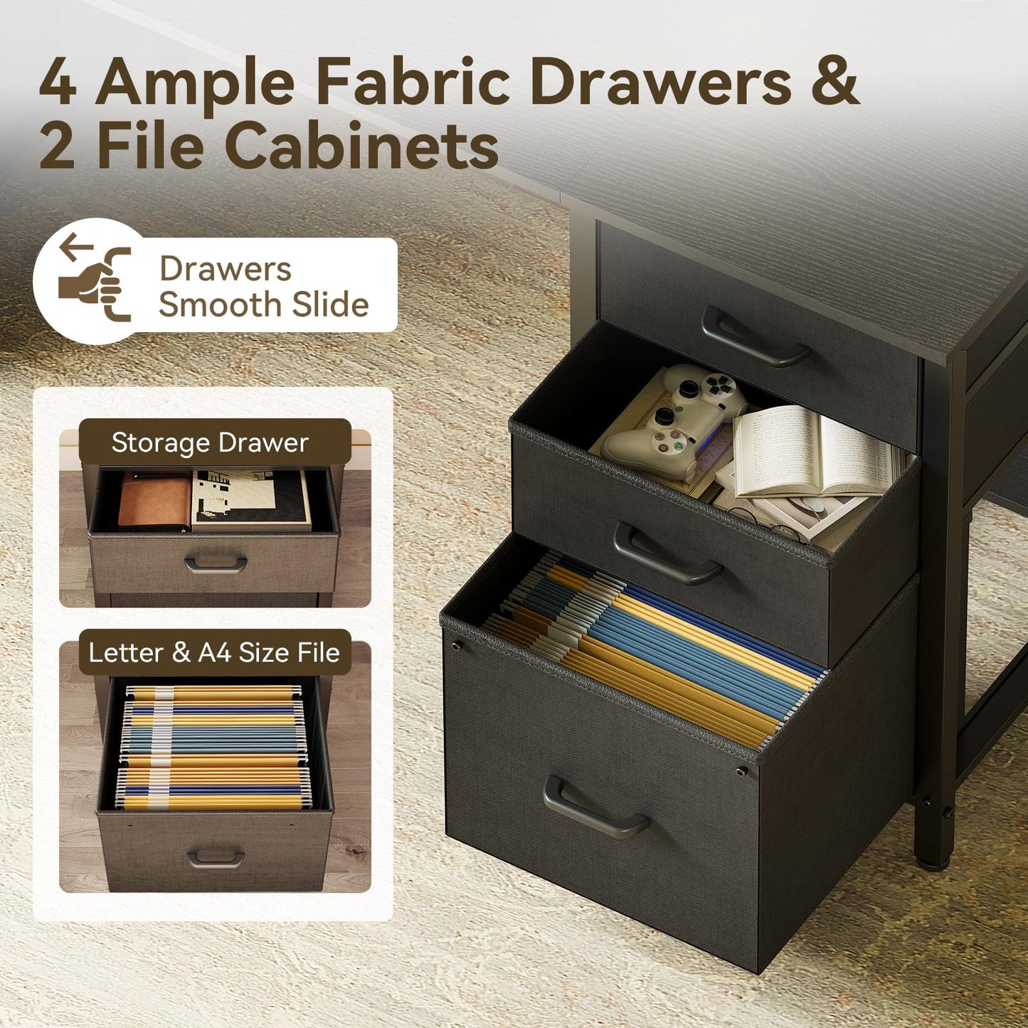 ODK 160cm Desks Home Office Desk with 2 File Cabinets & 4 Fabric Drawers DEMO