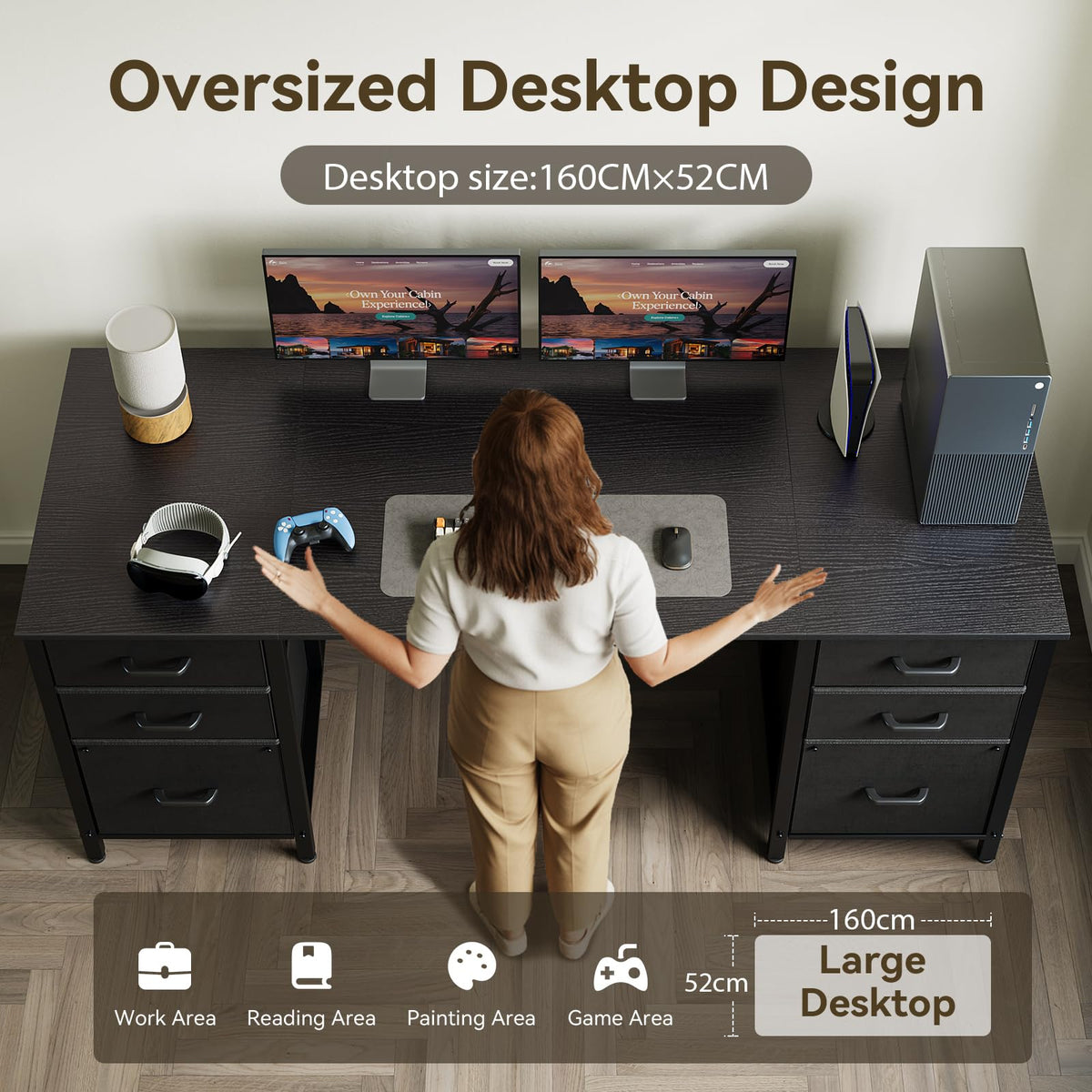 ODK 160cm Desks Home Office Desk with 2 File Cabinets & 4 Fabric Drawers DEMO