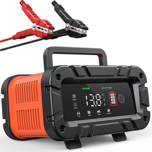 Husgw 10-Amp Smart Battery Charger for 12V/24V Vehicles - Red & Black DEMO