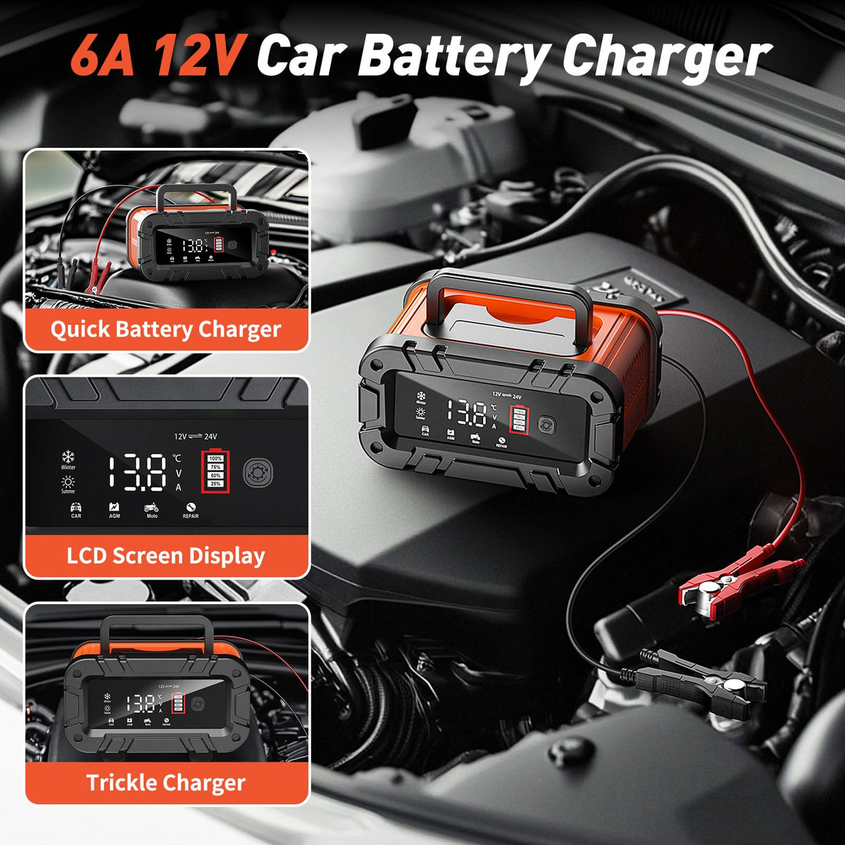 Husgw 10-Amp Smart Battery Charger for 12V/24V Vehicles - Red & Black DEMO