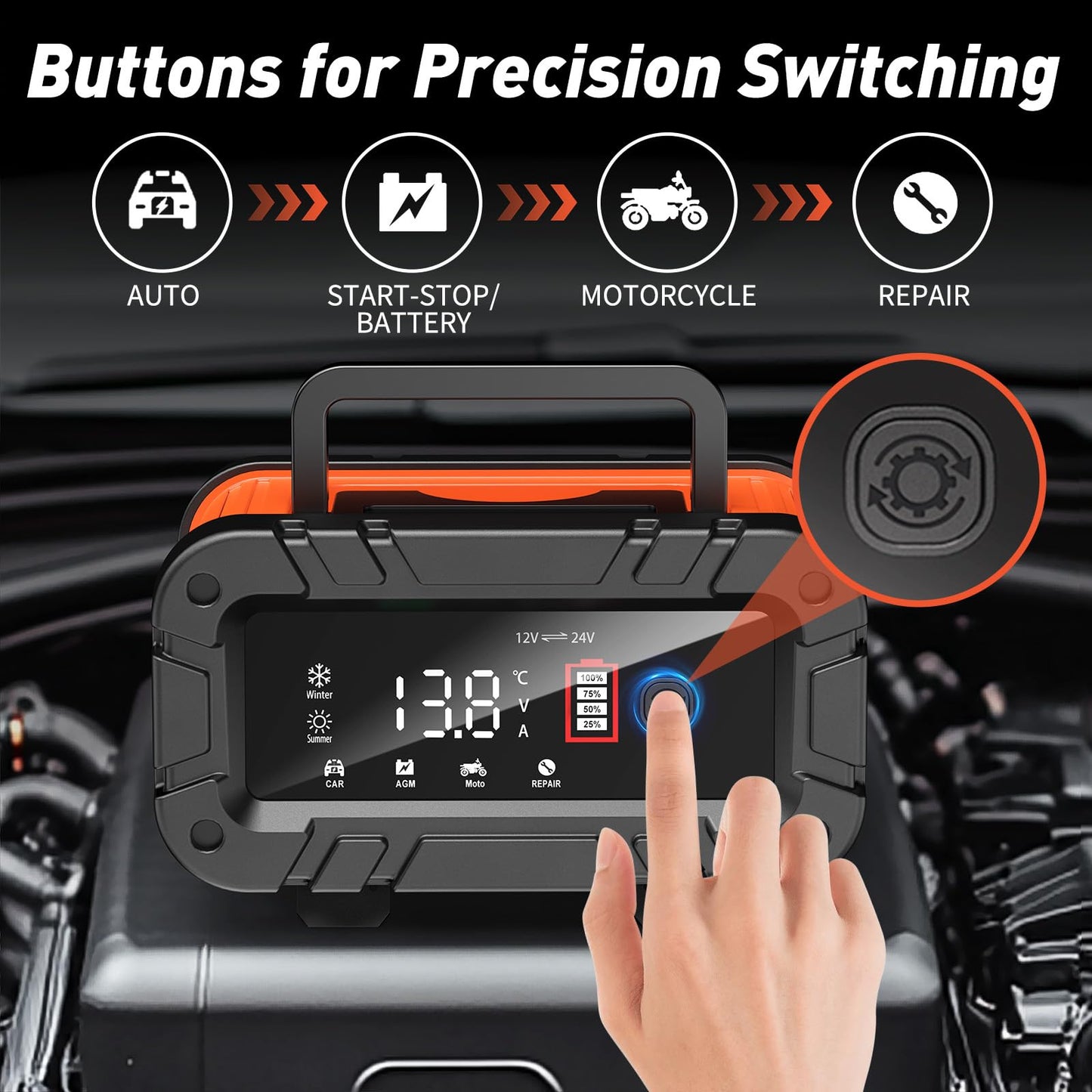 Husgw 10-Amp Smart Battery Charger for 12V/24V Vehicles - Red & Black DEMO