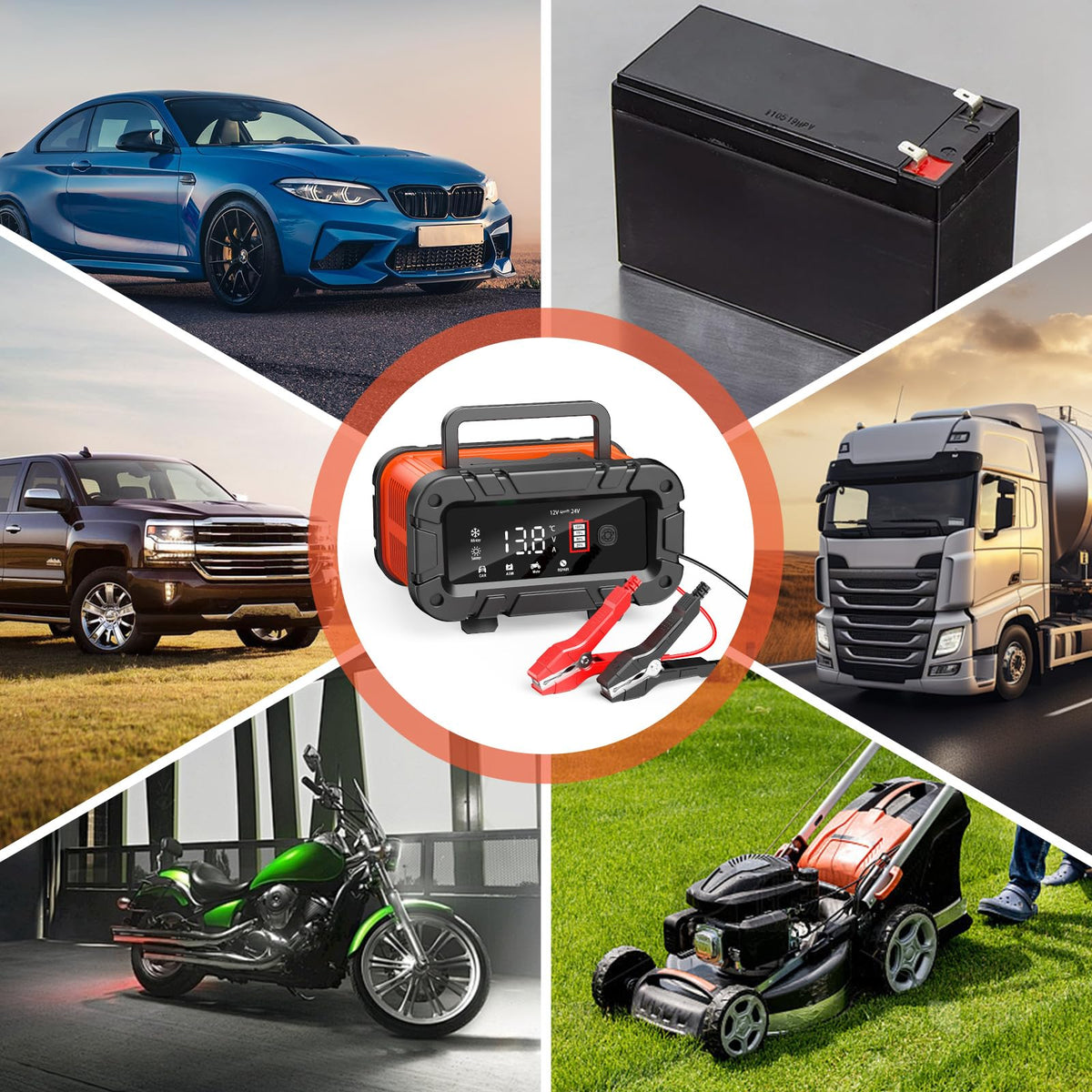 Husgw 10-Amp Smart Battery Charger for 12V/24V Vehicles - Red & Black DEMO