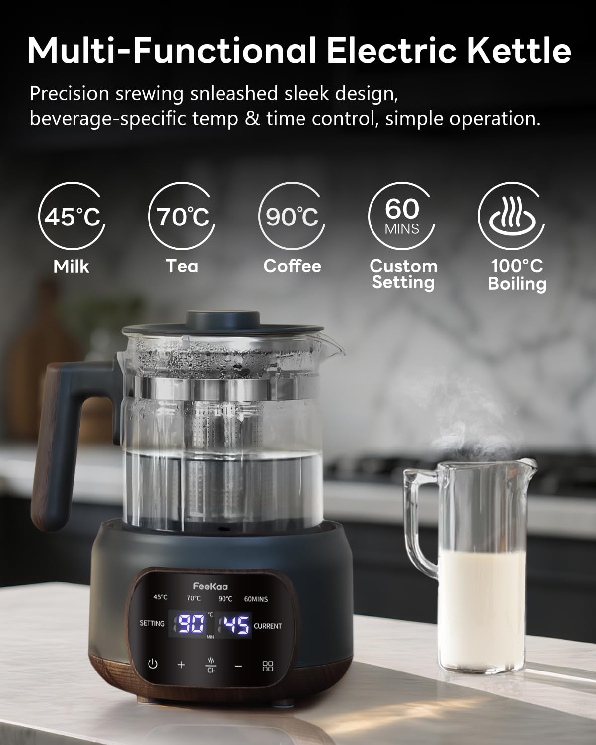 Feekaa Electric Glass Kettle & Tea Pot with Removable Infuser Healthy Black NEW