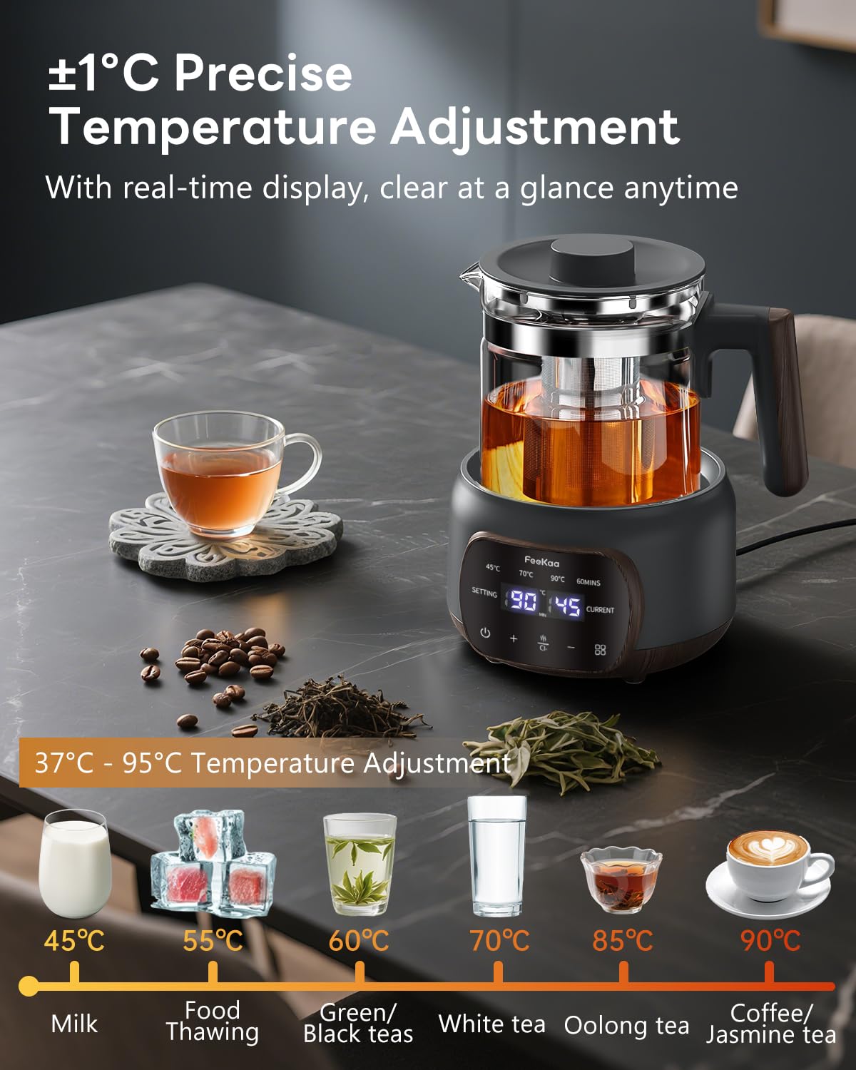 Feekaa Electric Glass Kettle & Tea Pot with Removable Infuser Healthy Black NEW