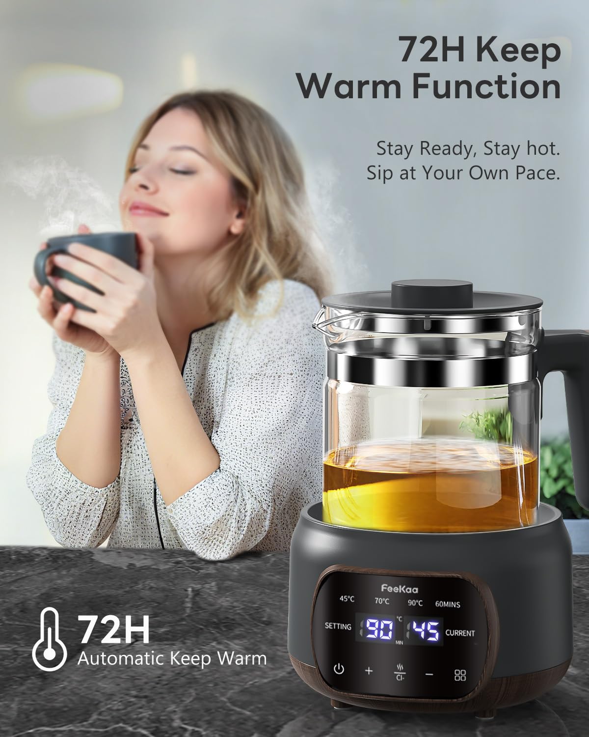 Feekaa Electric Glass Kettle & Tea Pot with Removable Infuser Healthy Black NEW