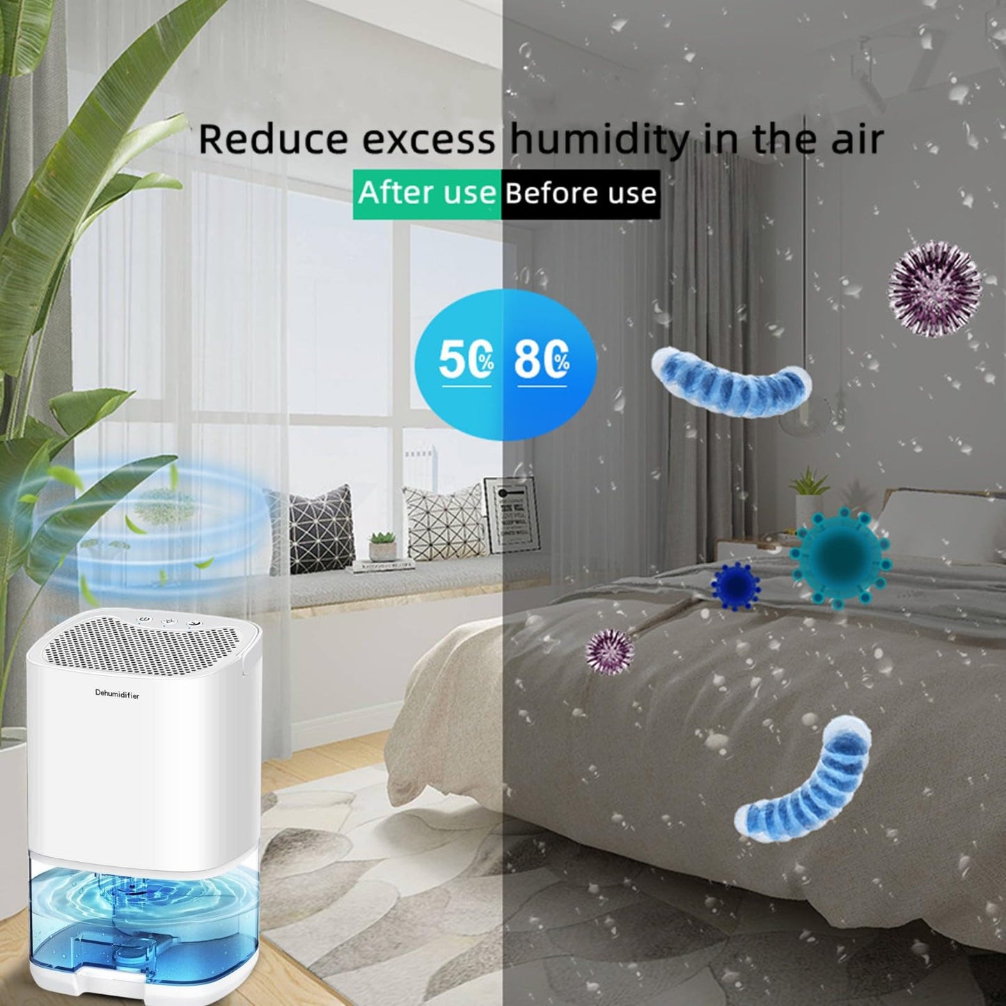 Pudge Portable Mini Air Dehumidifier for Home, Quiet Automatic, White NEW