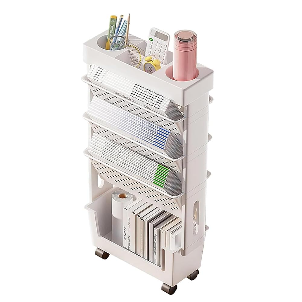 KirbyBear 5-Tier Bookcases Mobile Bookshelf with Wheels Large Grey Storage DEMO