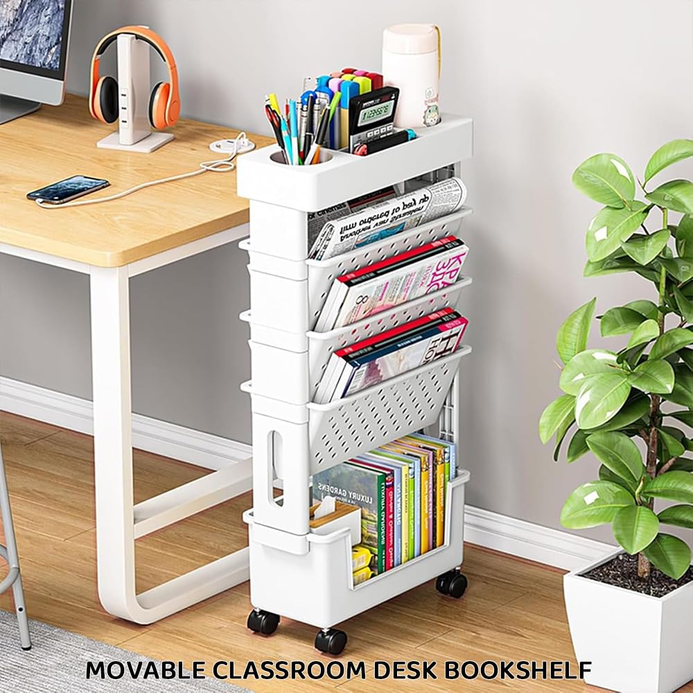 KirbyBear 5-Tier Bookcases Mobile Bookshelf with Wheels Large Grey Storage DEMO