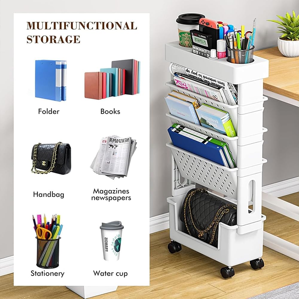 KirbyBear 5-Tier Bookcases Mobile Bookshelf with Wheels Large Grey Storage DEMO