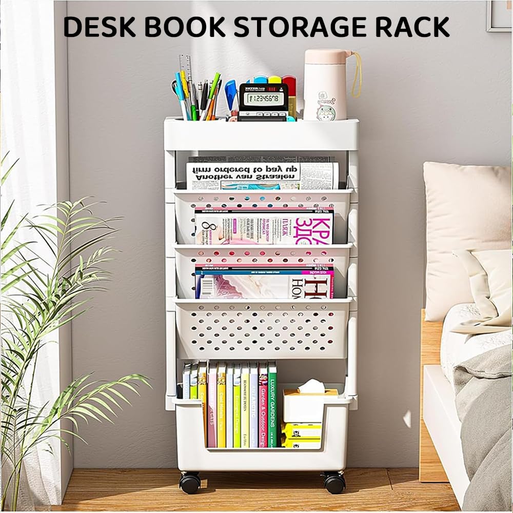 KirbyBear 5-Tier Bookcases Mobile Bookshelf with Wheels Large Grey Storage DEMO