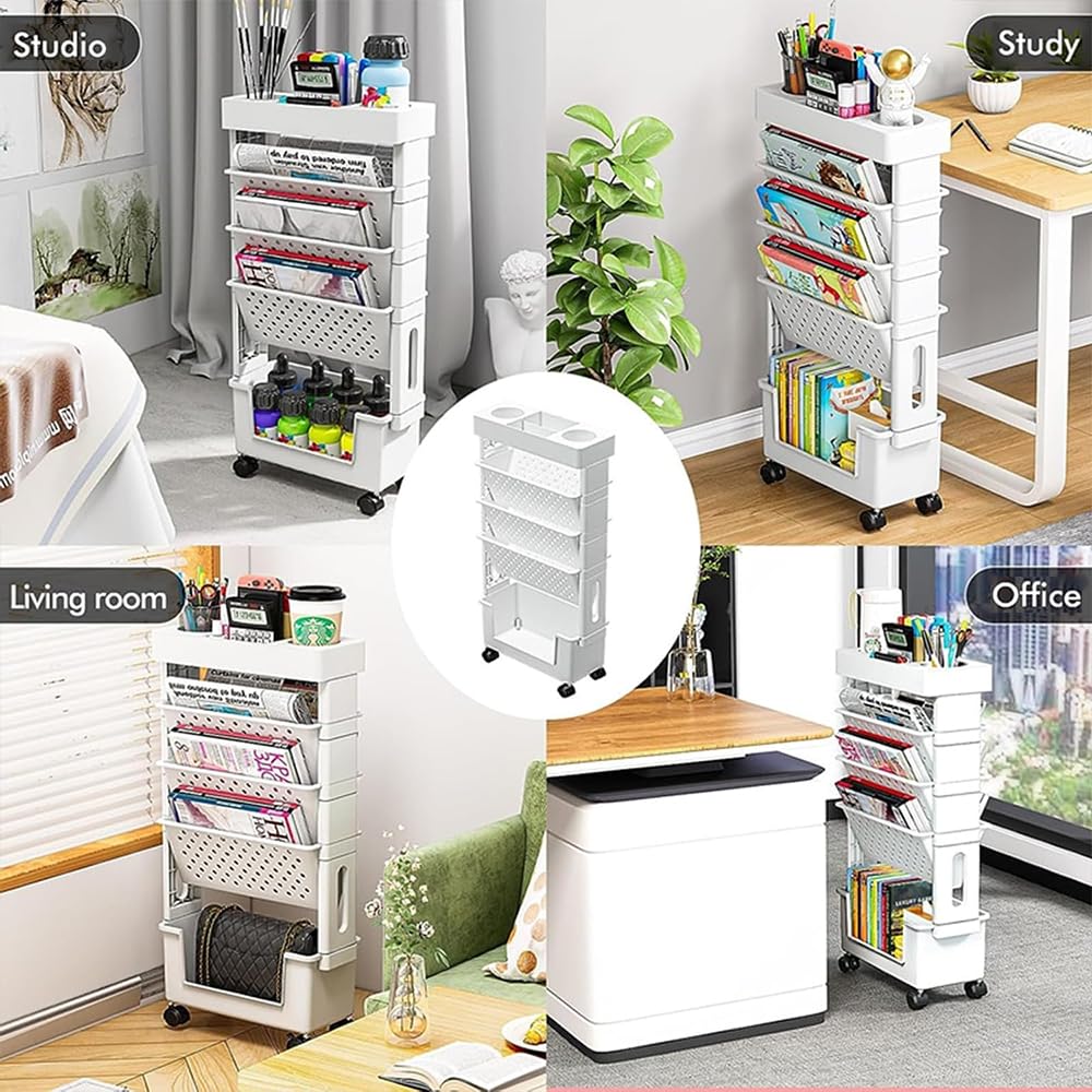 KirbyBear 5-Tier Bookcases Mobile Bookshelf with Wheels Large Grey Storage DEMO