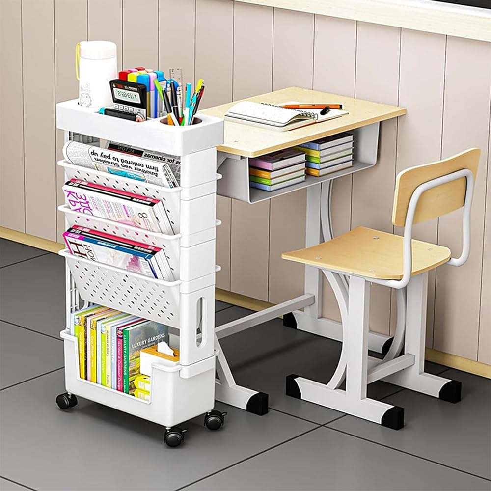 KirbyBear 5-Tier Bookcases Mobile Bookshelf with Wheels Large Grey Storage DEMO